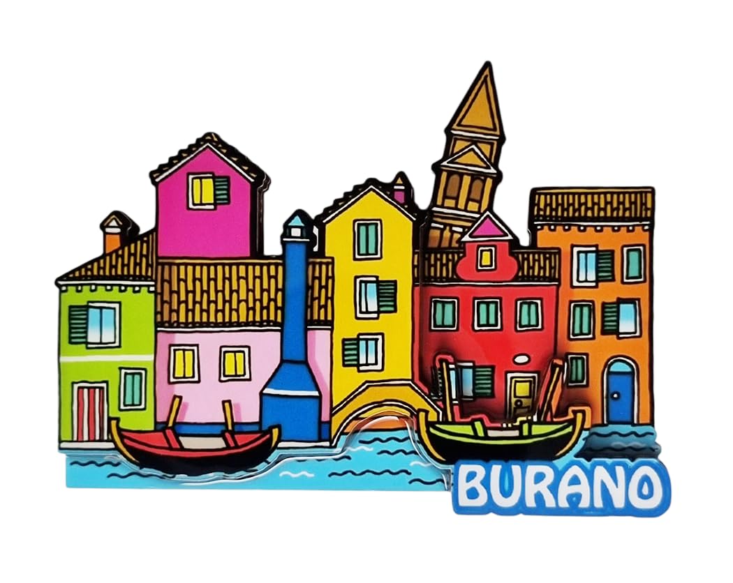 Decorative Fridge Magnet Burano Design with 3D Gondolas in Inlaid Wood and Epoxy Resin Collectible 8 x 6 cm