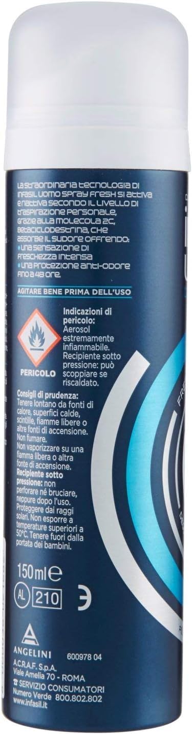 Infasil Uomo Derma 48h Fresh - Deodorante spray da uomo, con molecola 2C, freschezza intensa, 150 ml, 12 pezzi + portachiavi Italy Shop in omaggio