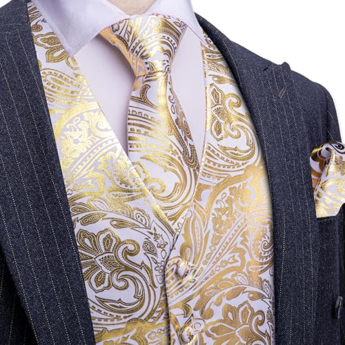 Barry.Wang Mens Vest Tie BowTie Set Shiny Floral Suit Vests Necktie Cufflinks Hanky Formal Waistcoat Wedding Party Disco 7PCS3