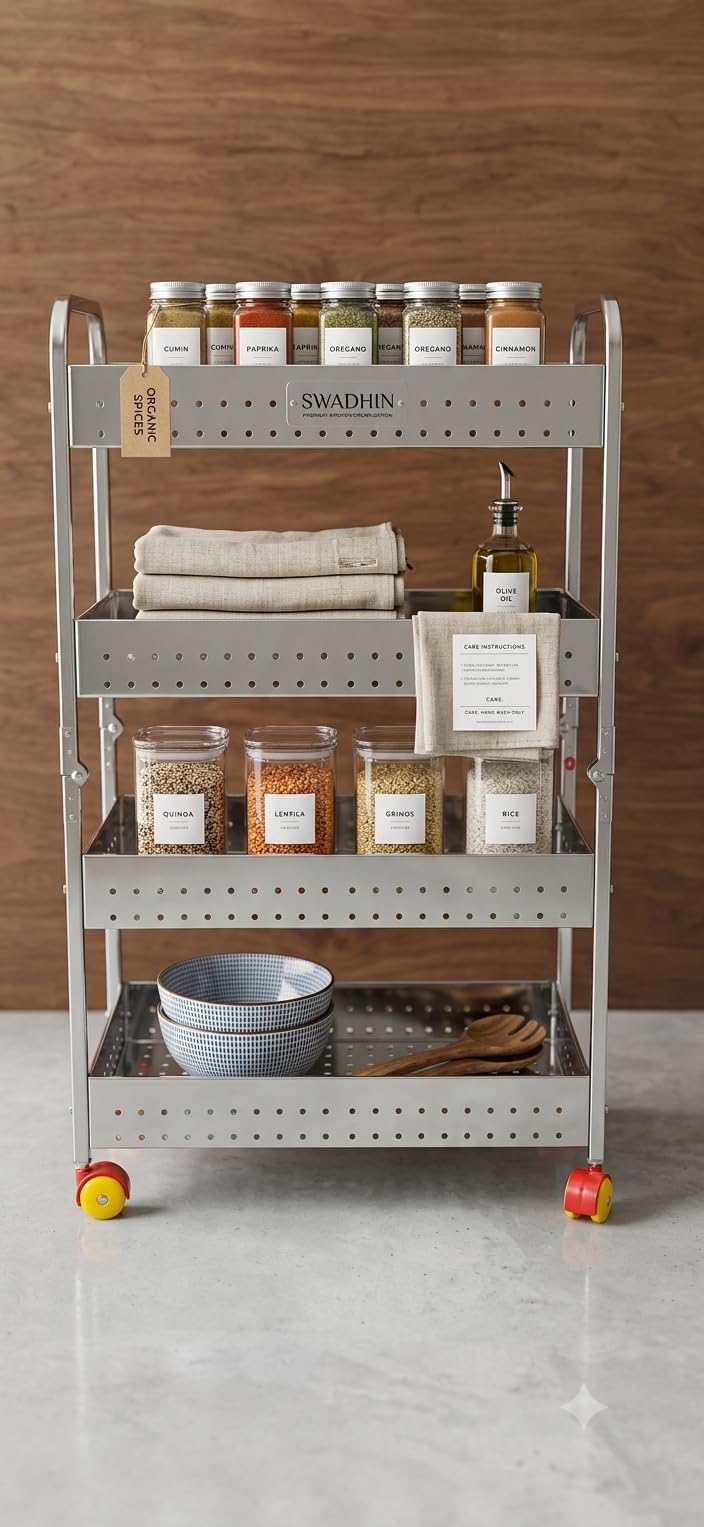 Swadhin Stainless Steel Perforated Folding 4-Tier Fruits & Vegetable Onion Trolley Kitchen Trolley Portable Modern Storage Rack Design Fruits & Vegetable For Kitchen-image-18