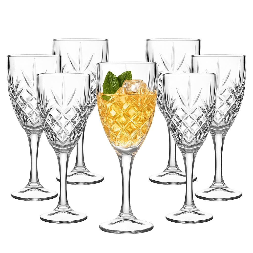 Royalty Art Juego de 8 copas de vino, vasos de 10 onzas, diseño decorativo de cáliz Kinsley para cerveza, licor, vino, agua y bebidas, para servir fiestas y eventos..