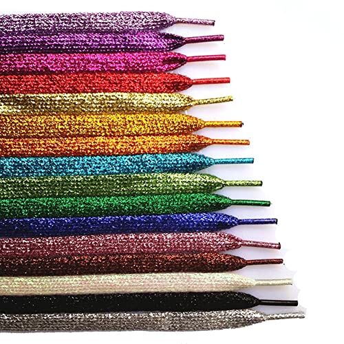 Afrsmw 16 pares de cordones planos con purpurina, 10 mm de ancho, poliéster, para zapatillas deportivas, skateboarding, 110 cm Cover