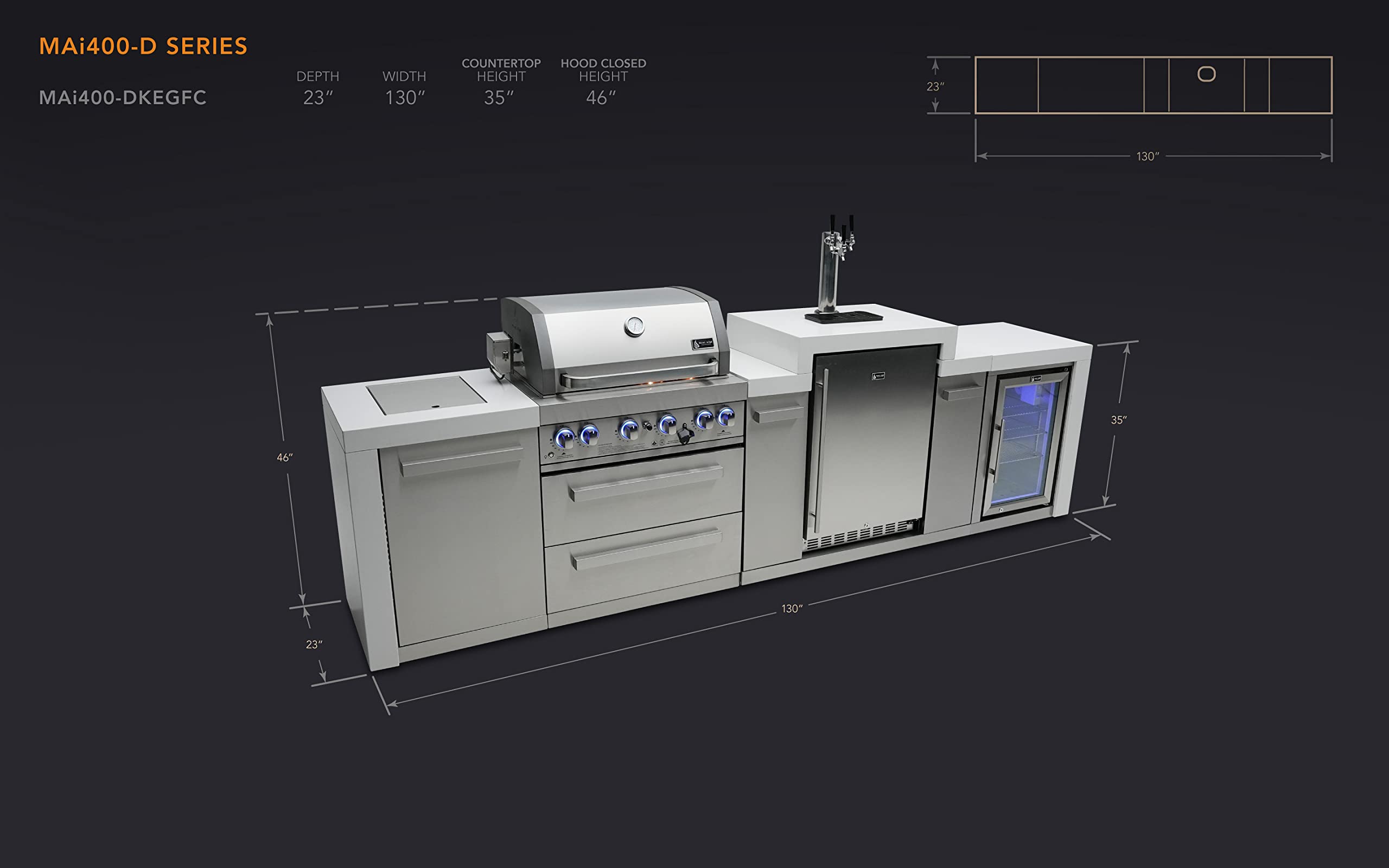Mont Alpi 130"W Stainless Steel Deluxe Modular Outdoor Kitchen Island with Refrigerator + 3 Tap Kegerator Beer Dispenser + 32"W 4-Burner BBQ Grill + Side Burner + Granite Countertops + Storage + Cover on Fridge.com