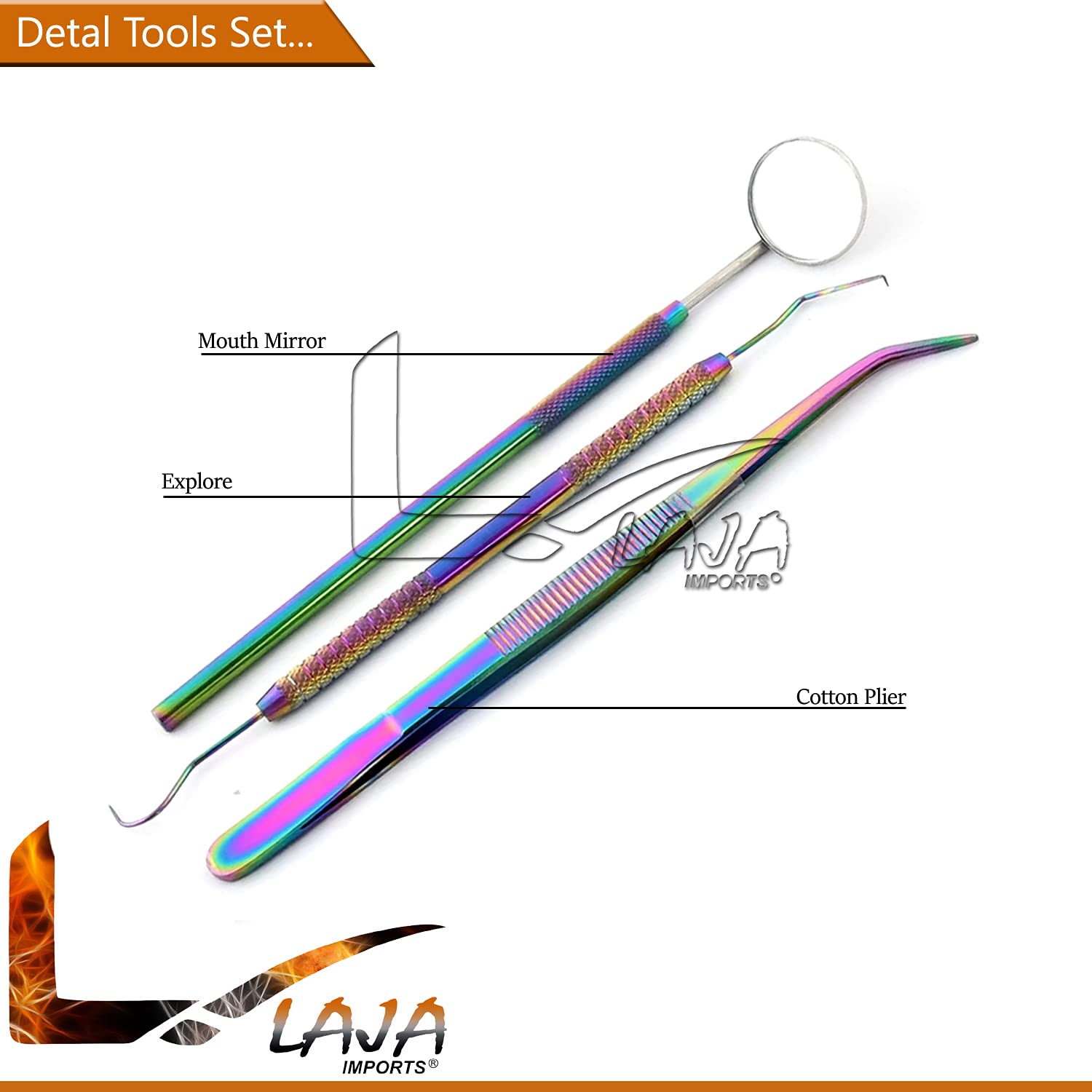 LAJA IMPORTS Dental Hygiene Set - 3pcs Basic Dental Instruments Stainless Steel Dental Rainbow Tooth Pick, Mouth Mirror,Cotton Plier - Dentists Tools Set Is Ideal for Personal Use & Pet Friendly
