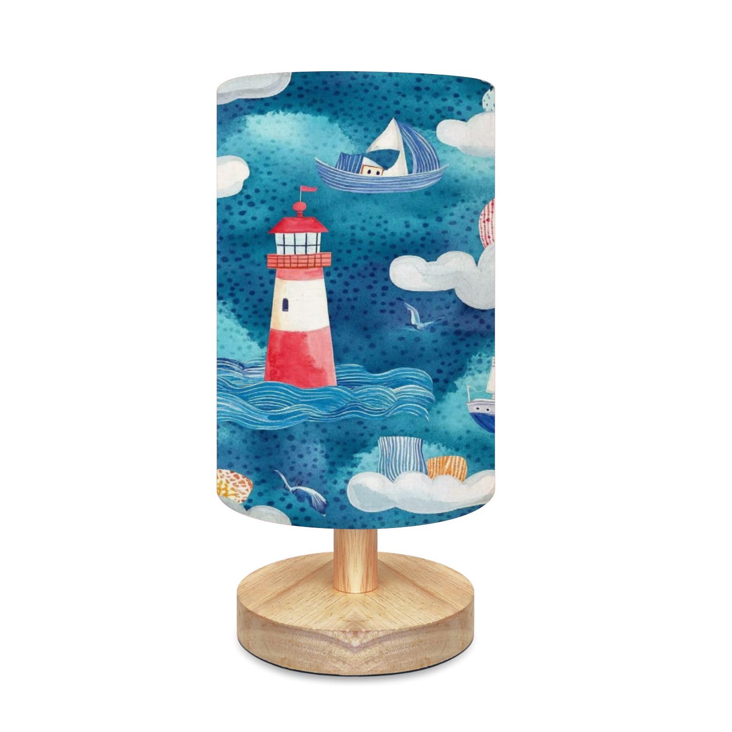 Bedside Table Lamp Cute watercolor ships lighthouse islands reefs seagulls waves Childish Dimmable Desk Lamp with Flaxen Fabric Shade Wood Base Nightstand Lamp Small Lamp for Bedroom Living Room Home