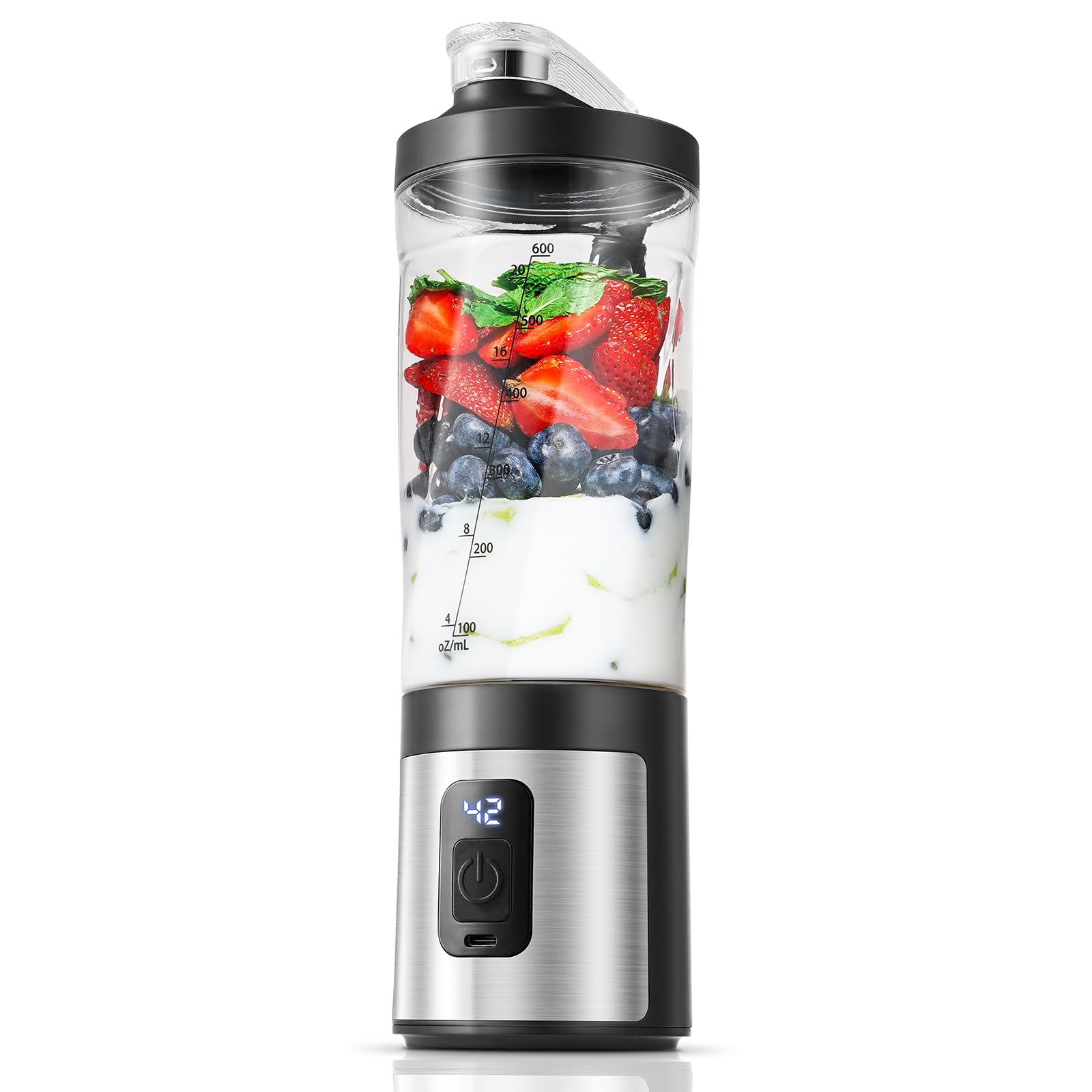 AMZCHEF Batidora portátil de 600 ml – Smoothie Maker con 6 cuchillas, motor de 120 W para llevar, carga rápida a través de USB-C, IPX6 resistente al agua, sin bisfenol A, mini batidora para batidos
