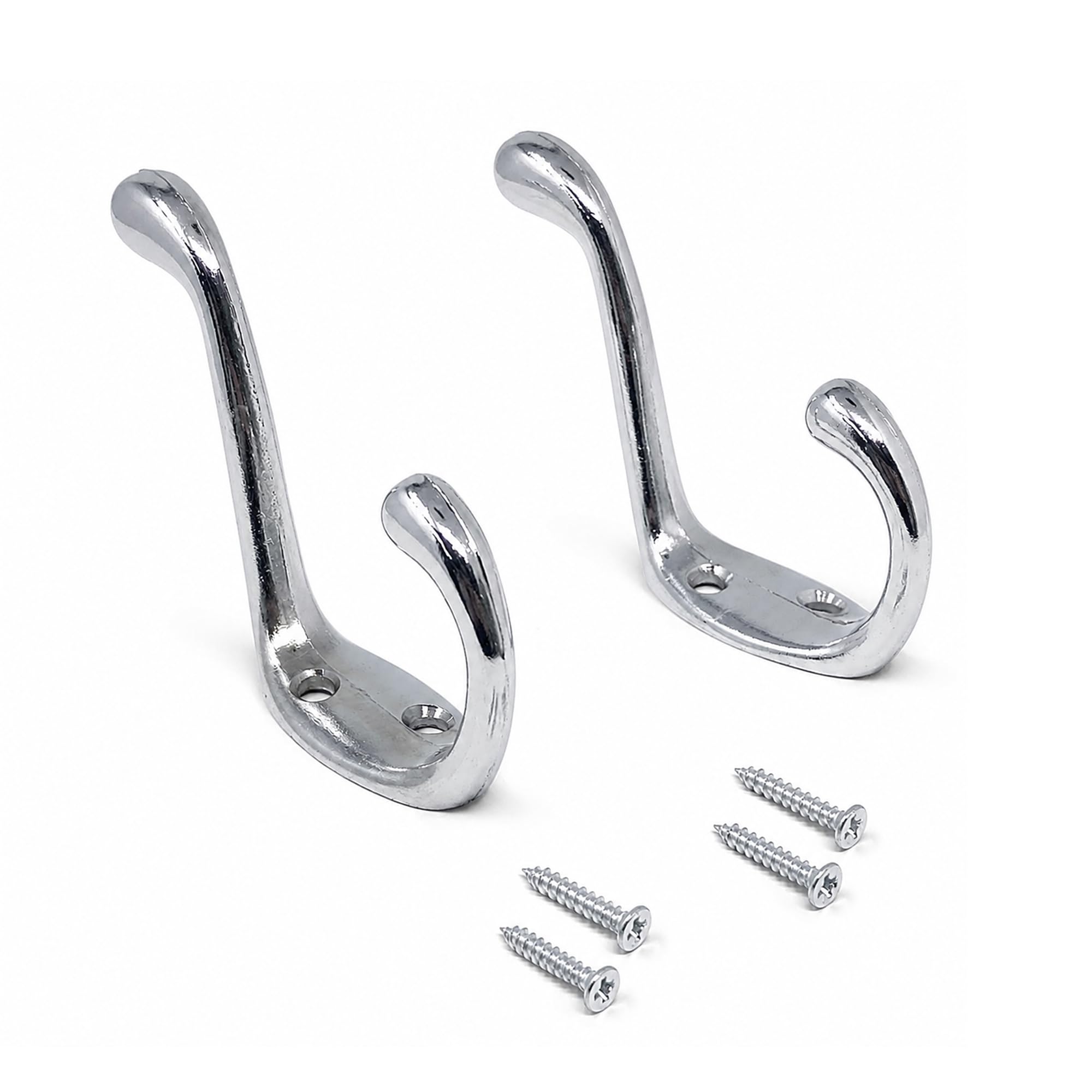 plastific Single Robe Hooks Wall Mounted, Heavy Duty Coat & Towel Hooks with Screws, Rust Resistant Metal Hangers for Bathroom, Bedroom, Kitchen & Cupboard, Silver Pack of 2