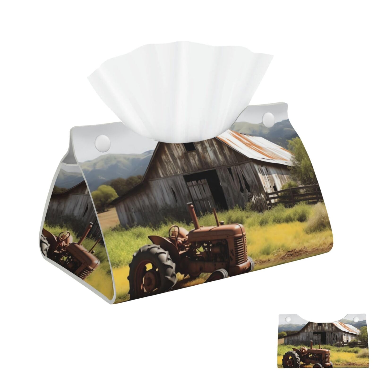 Old Wooden Barn With Tractor Tissue Box Cover Square Cube Boxes