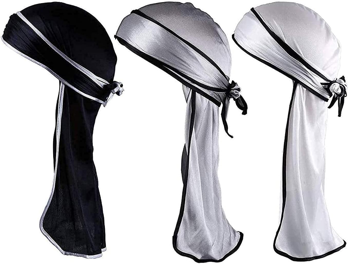 LEEQ Silky Durag Long Tail Headwraps Wide Straps Pirate Cap Smooth Hat (Color Set 1, 3 Pieces)