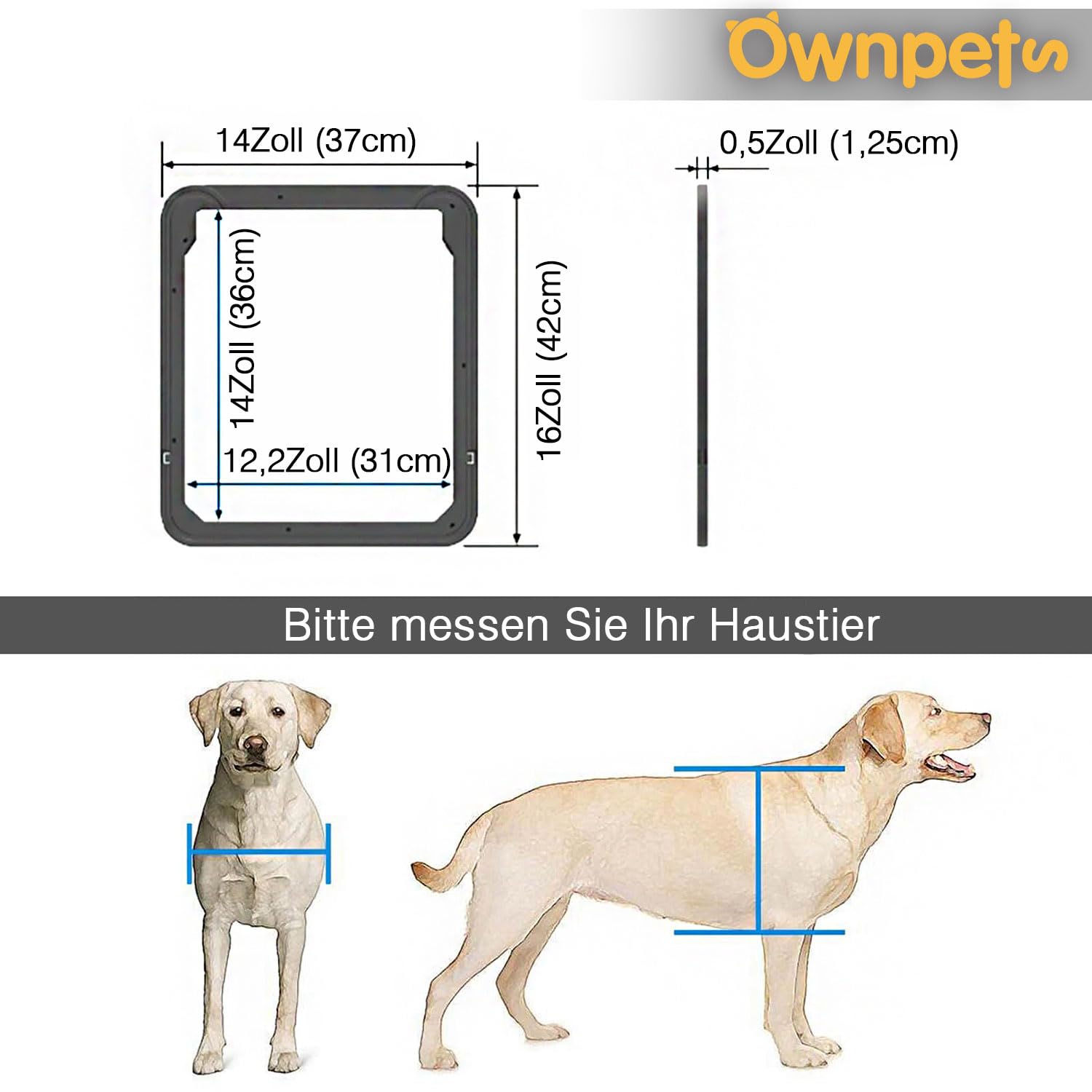 Ownpets Hundeklappe, Magnetische Hundetür mit automatische verschließbare Fliegengitter, Haustierklappe Schwarz, für Hunde & Katze, Innenmaße 36x30,5x1,25, Groß