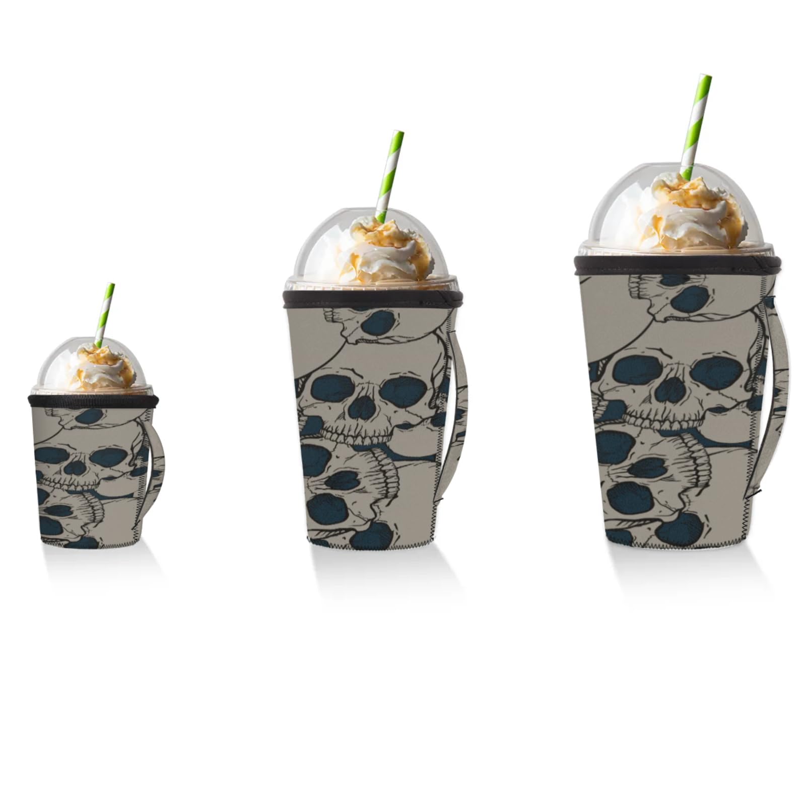 Skulls Vintage Reusable Neoprene Coffee Sleeve with Handle Insulated Iced Coffee Cup Holder Reduces Condensation Fits 24-28 oz Cups M