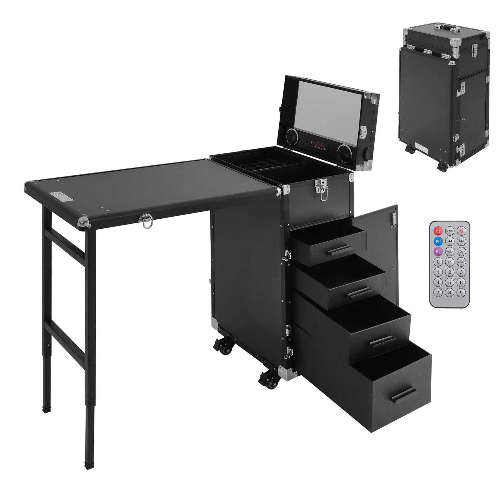 Kosmetikkoffer Trolley 2 in 1 Kosmetikkoffer Groß Kosmetik Trolley Make up Koffer Schminkkoffer mit Rollen & 4 Schubladen Friseurkoffer Alu Beauty Case Nagelkoffer Multikoffer (Schwarz)