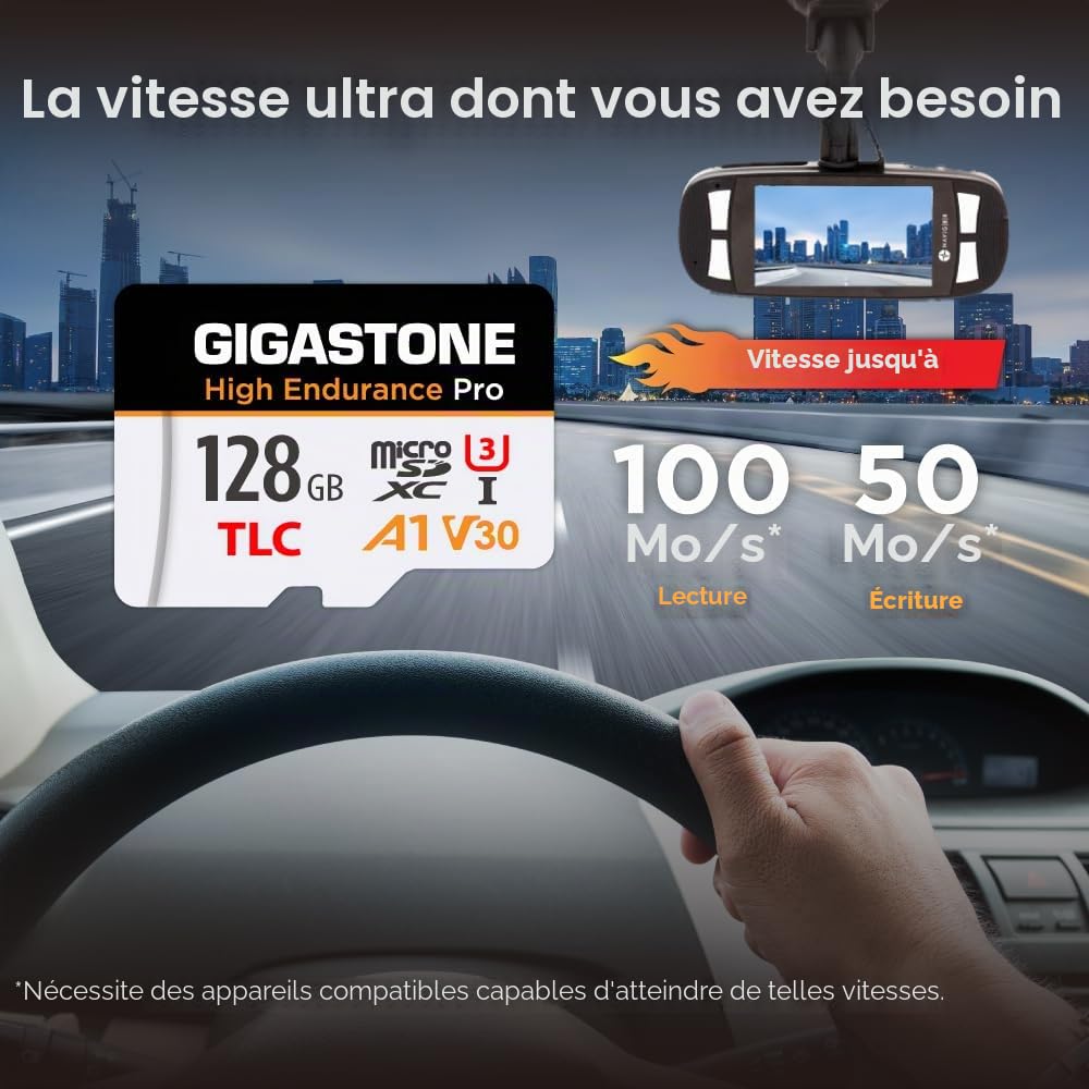 [Récupération de données Gratuite de 5 Ans] GIGASTONE Carte Micro SD 128 Go, Haute Endurance Pro Series Vitesse jusqu'à 100 Mo/s, Compatible avec Rove Viofo Vantrue, Camera embarquée