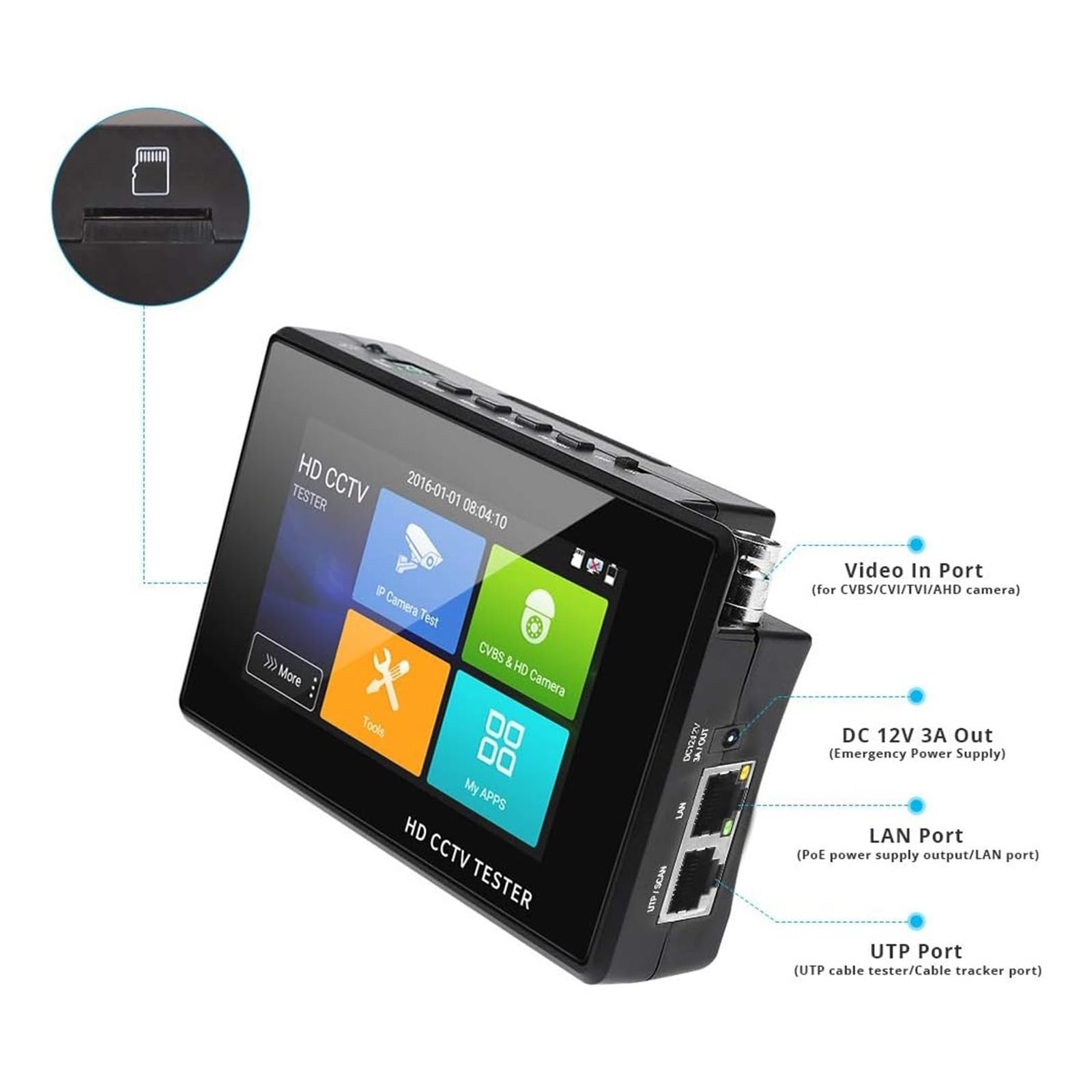 Tester per telecamere CCTV, Tester CCTV portatile da polso 4 pollici, tester for telecamere IP, for analogiche CVI TVI AHD