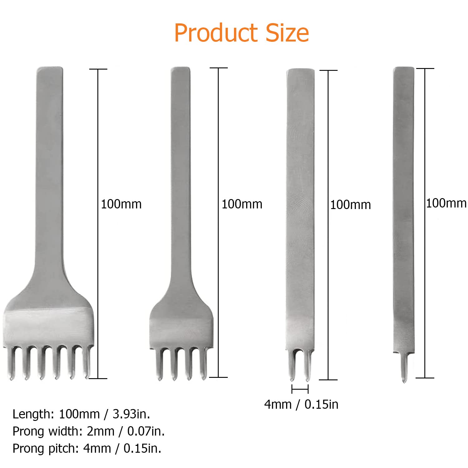 YUENTOEN 4Pcs Leather Craft Tool Hole Punches - Leather Groover Tool, White Steel 4mm 1/2/4/6 Prong Lacing Stitching Chisel Leather Craft Kits for Leathercraft DIY Handwork