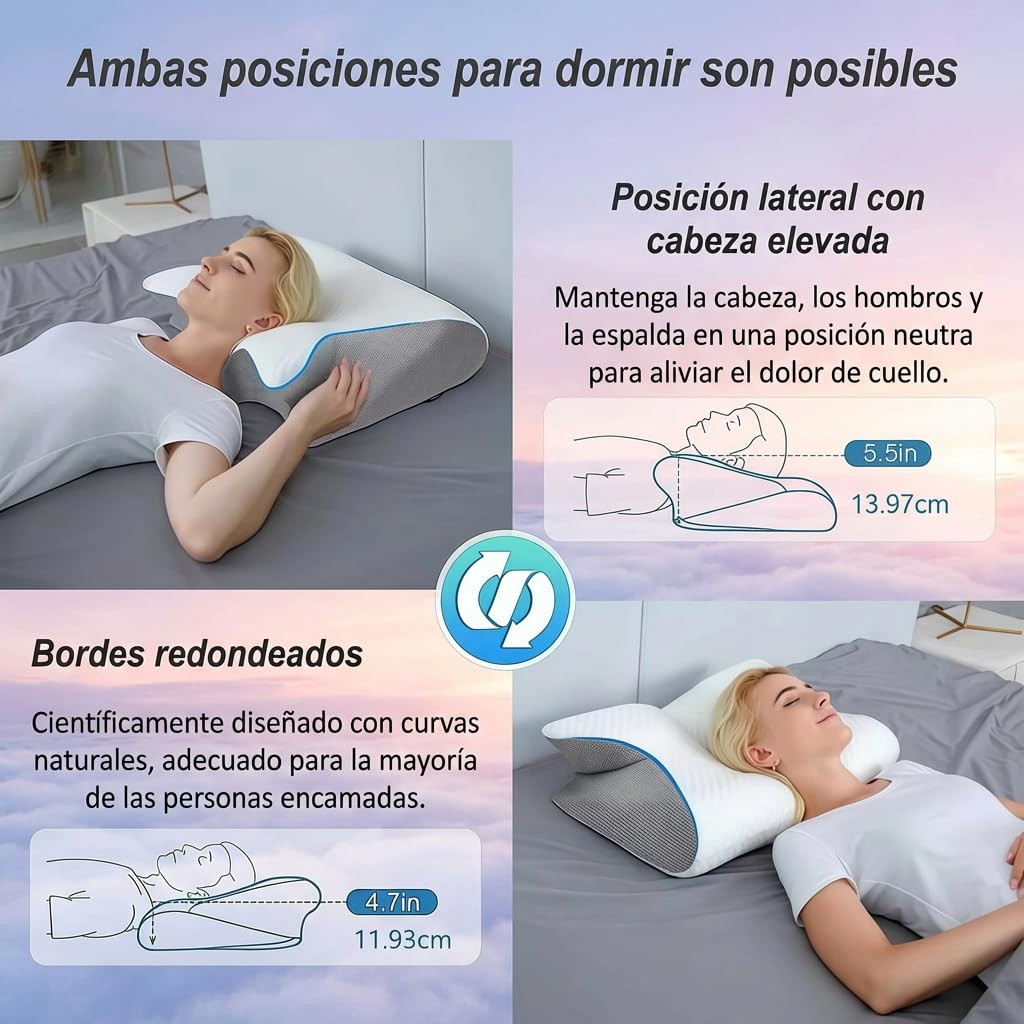 OrthoSleep -Almohada Cervical Ergonómica con Memoria de Forma, Soporte para Cuello y Hombros, Funda Lavable para Dormir (Blanco)