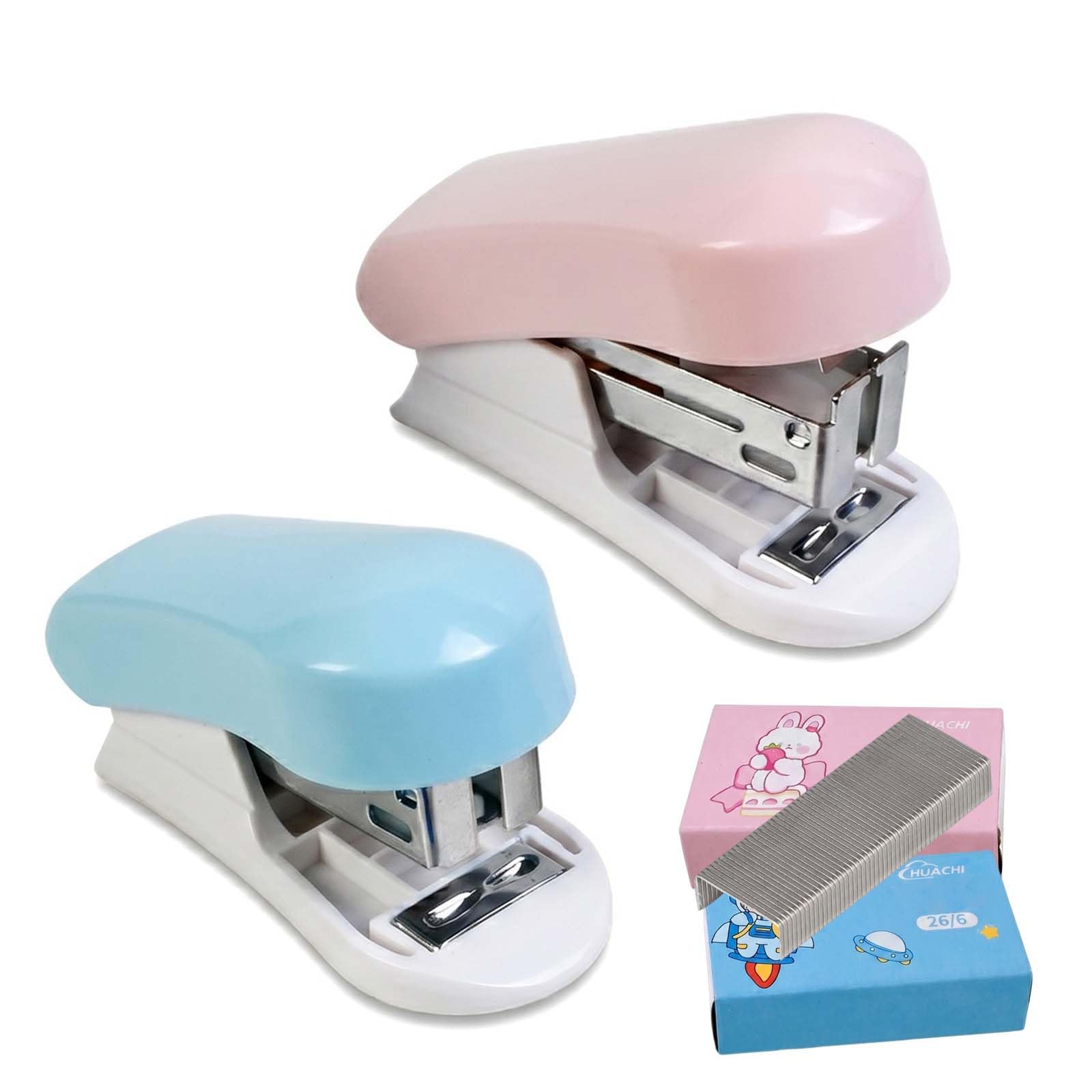 Merzio 2PCS Mini Stapler and Staples Set with 1000 Standard 26/6 Staples, Effortless Portable Desktop Staplers, Small Stapler for Student Office Home School Use (Blue and Pink)