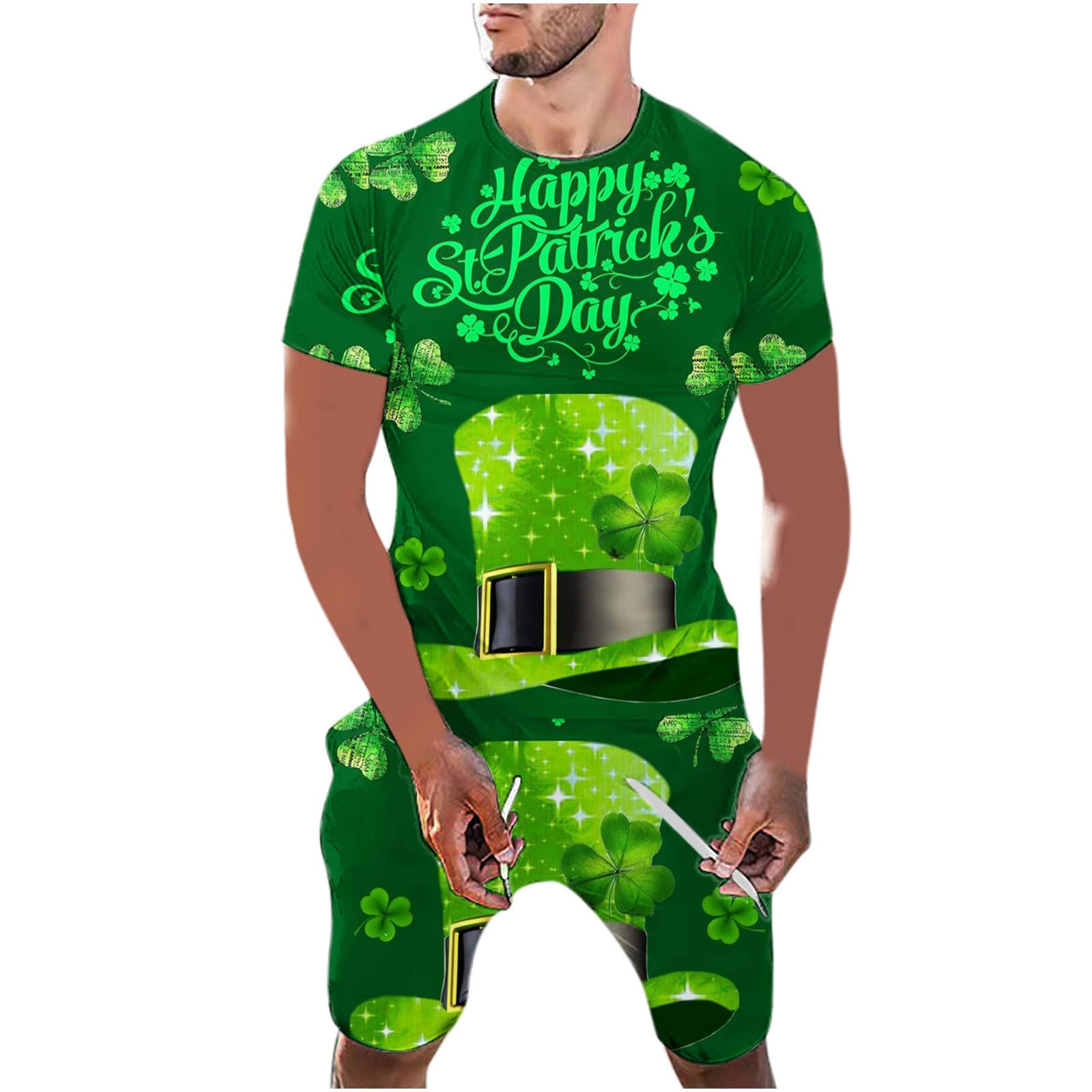 St Patrick's Day Blouse and Pants Set for Men Clearance,2023 New Saint Patrick Suits Short Sleeve Shirt Trousers Sets Round Neck Green T-Shirt Green 2PCS for Saint Patricks Day Sweatshirt Sale Party
