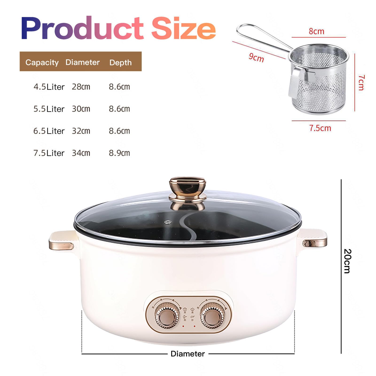 Appareil A Fondue, Double Interrupteur de Commande Multi-Fonctions Multi-Fonctions Fondue Chinoise Traditionnelle, Convient Aux Petites FêTes (avec 2 Filets Non éTanches),7.5L