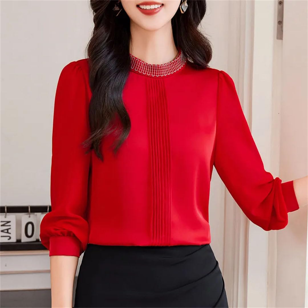 Blusa de manga larga para mujer, cuello alto, plisada, para oficina, para viajeros