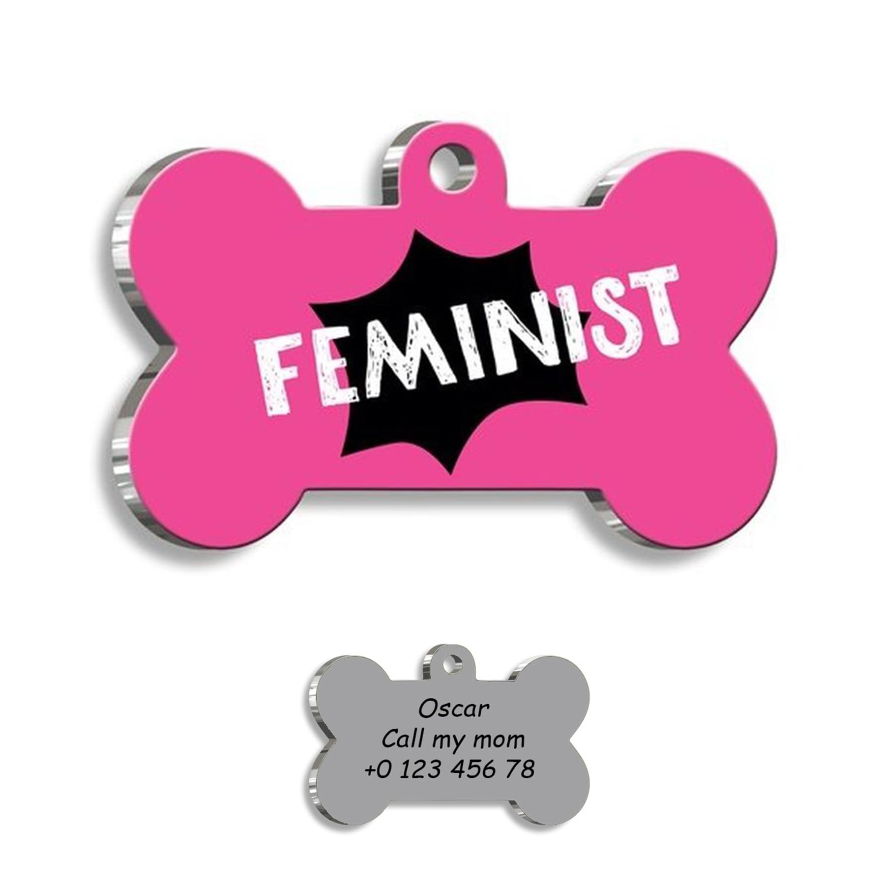Feminist Pink Personalized Dog Tag - Custom Name Tag - ID Tag for Dog & Cat - Customized Pet Tags - Dog & Cat Name id Tag - Dog Name Tag - Engraved Dog Tag