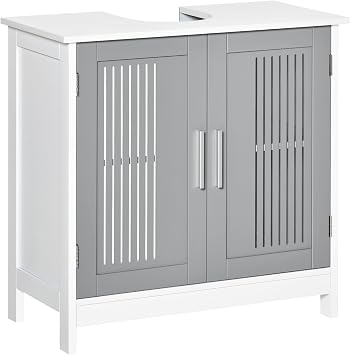 kleankin Modern Under Sink Cabinet with 2 Doors Pedestal Under Sink Bathroom Cupboard Bathroom Vanity Cabinet with Adjustable Shelves, Grey and White | 2