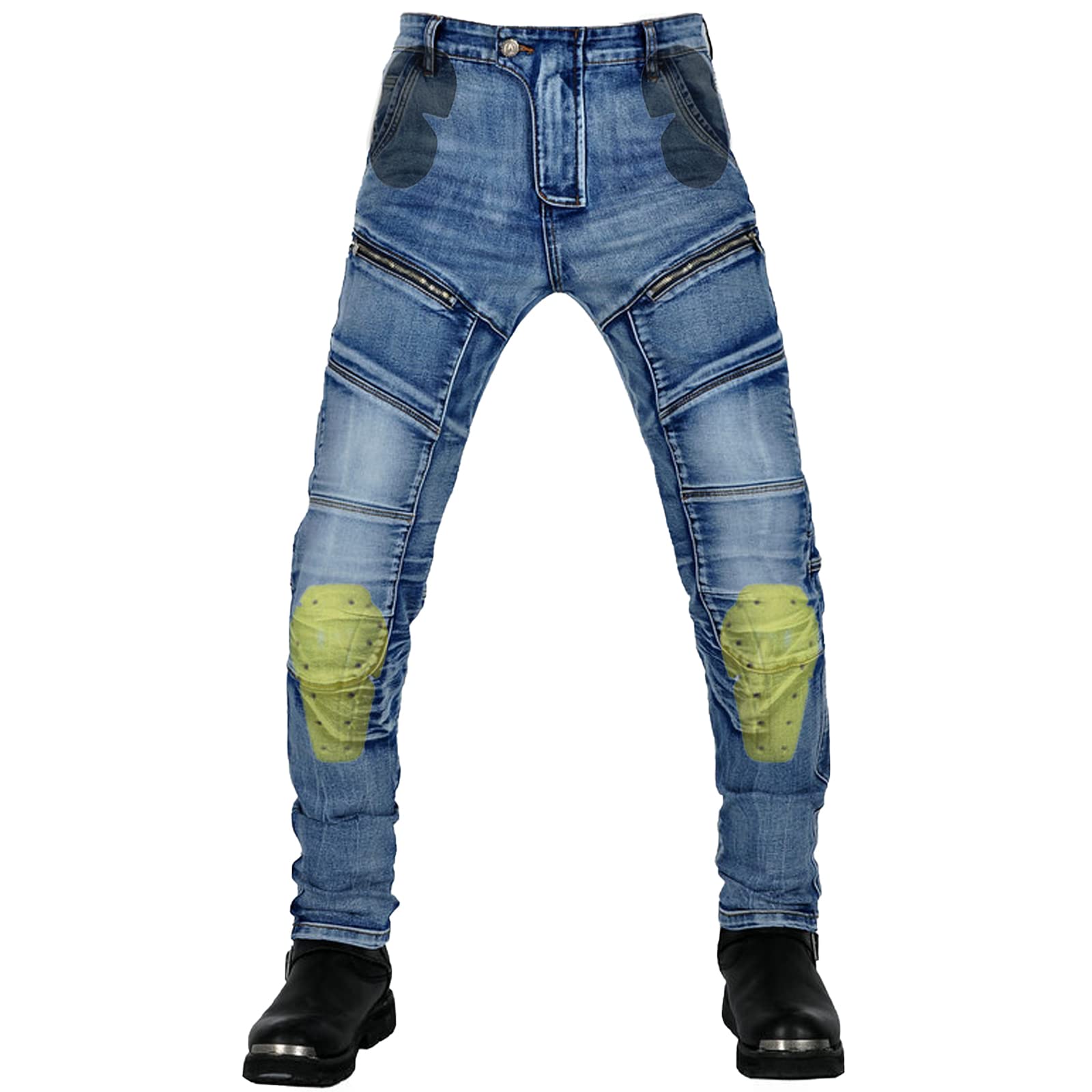 Męskie spodnie motocyklowe, jeansy, rozciągliwe, styl vintage, tekstylne, z ochraniaczami, niebieski, XXL