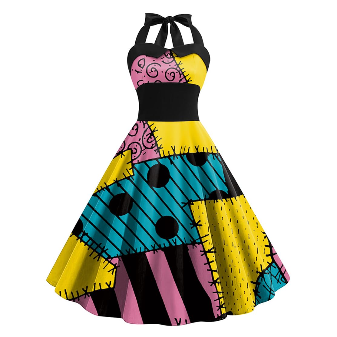 Shukqueen Womens Christmas Nightmare Sally Cosplay Dresses Strappy Halter Neck Sleeveless Dress Halloween Costume Yellow Medium - Image 3