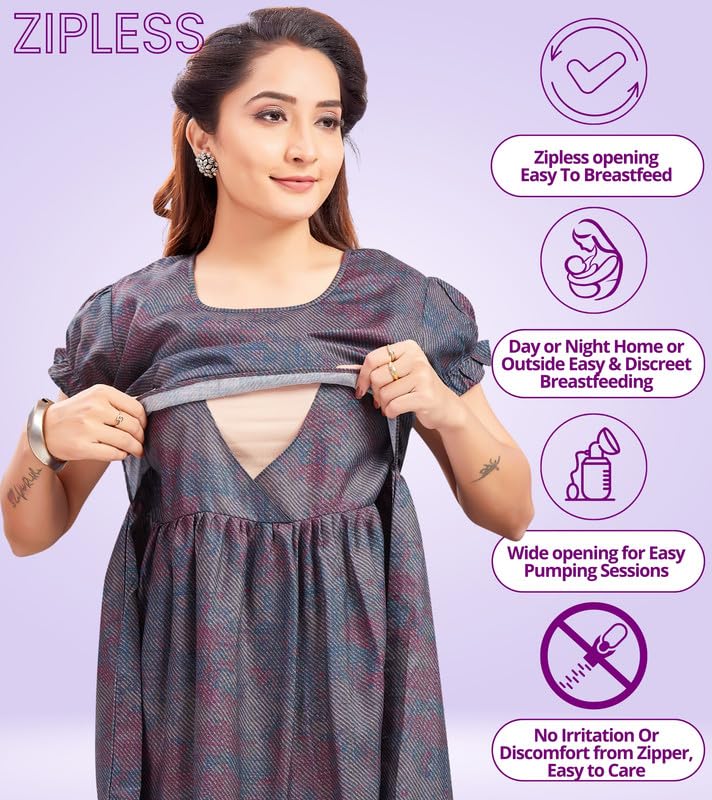 Image of RITIJYA Zipless Feeding Kurta Dress for Women | Maternity Nursing Kurti, No-Zip Easy Access | Extra Pleats Pre to Post Pregnancy | Quick-Dry Fabric | S-4XL