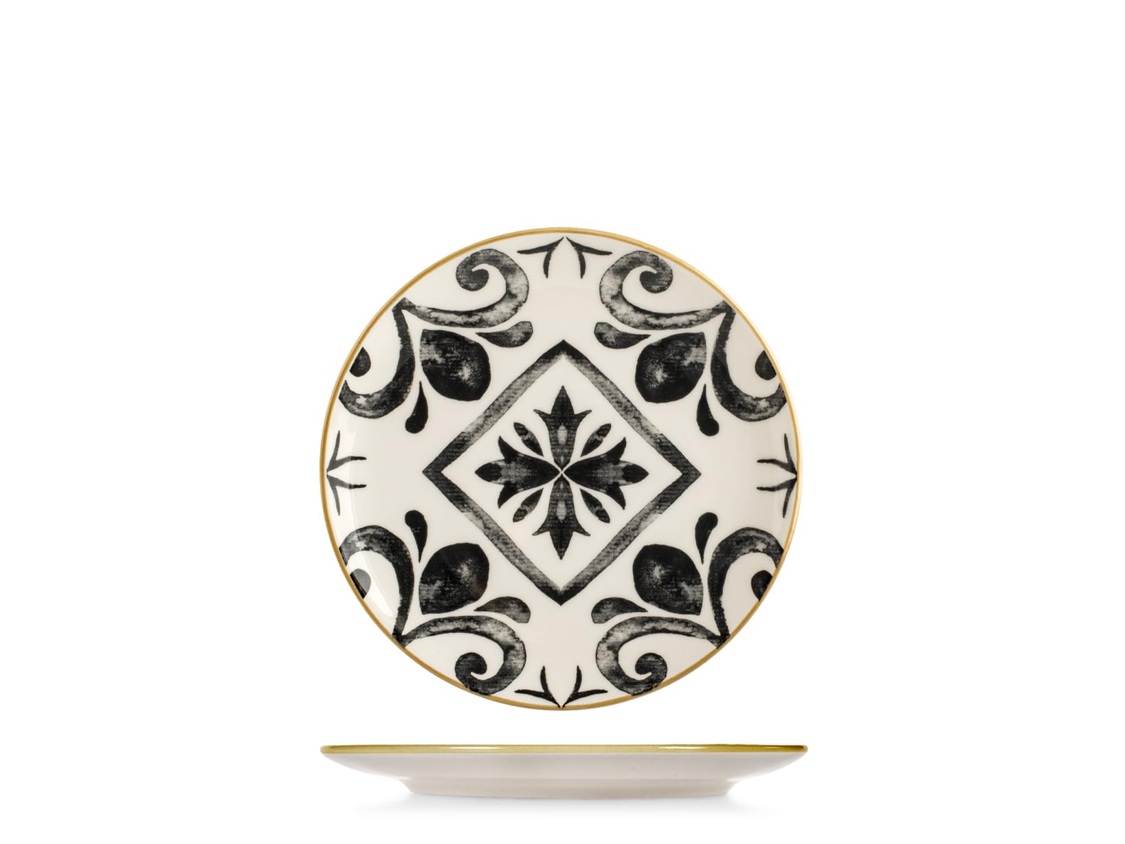 H&H Helena Tafelservice 18-teilig aus dekoriertem Stoneware, Komplettes Geschirrset für 6 Personen, Optical-Design in Schwarz und Elfenbein inspiriert von handwerklicher Majolika