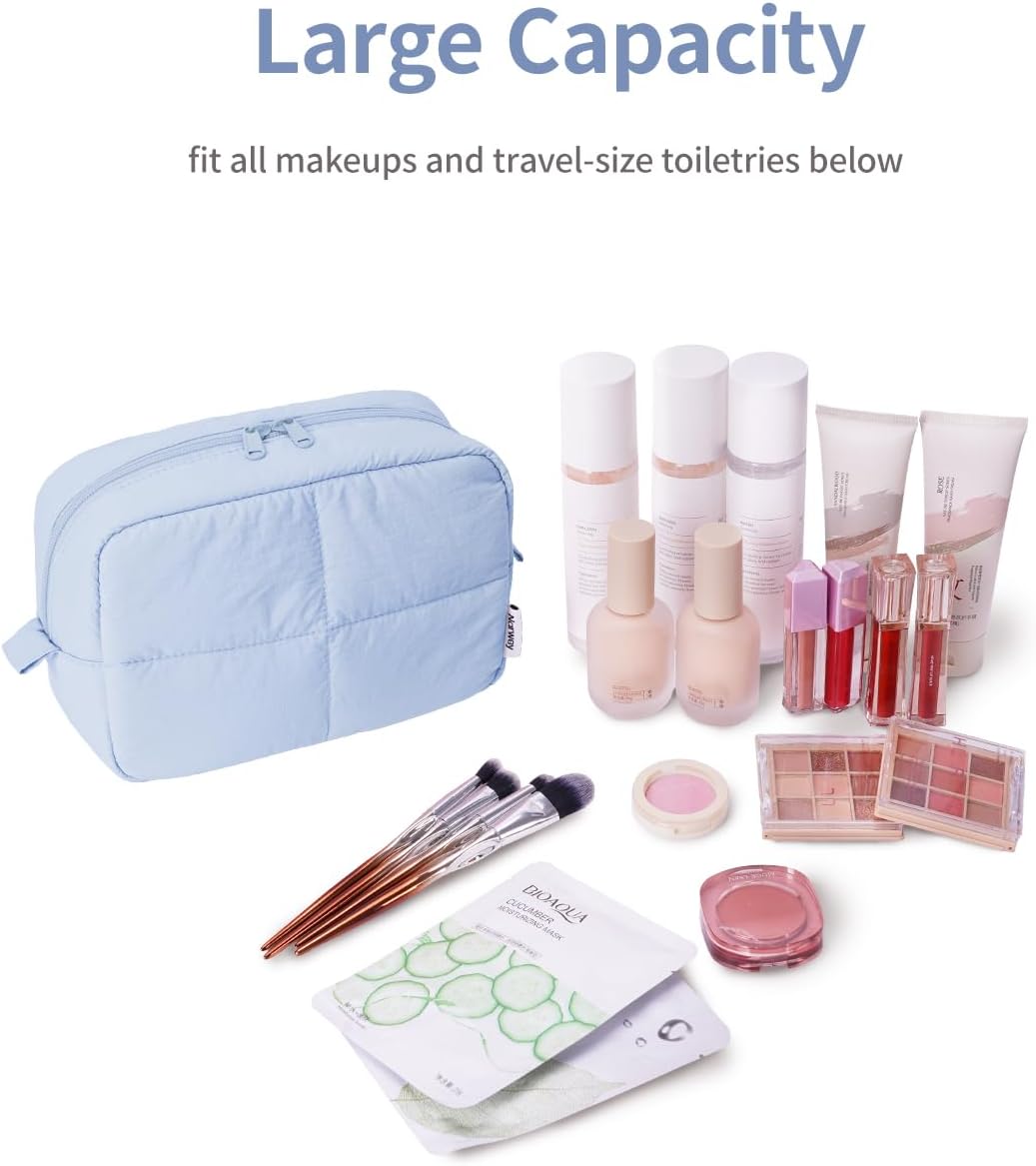 Narwey Puffy Makeup Bag for Travel Women Girl, Quilted Makeup Bag Cosmetic Bag, Cute Puffer Make Up Organizer Bags, Travel Toiletry Bag Toiletries (Blue) - Image 3