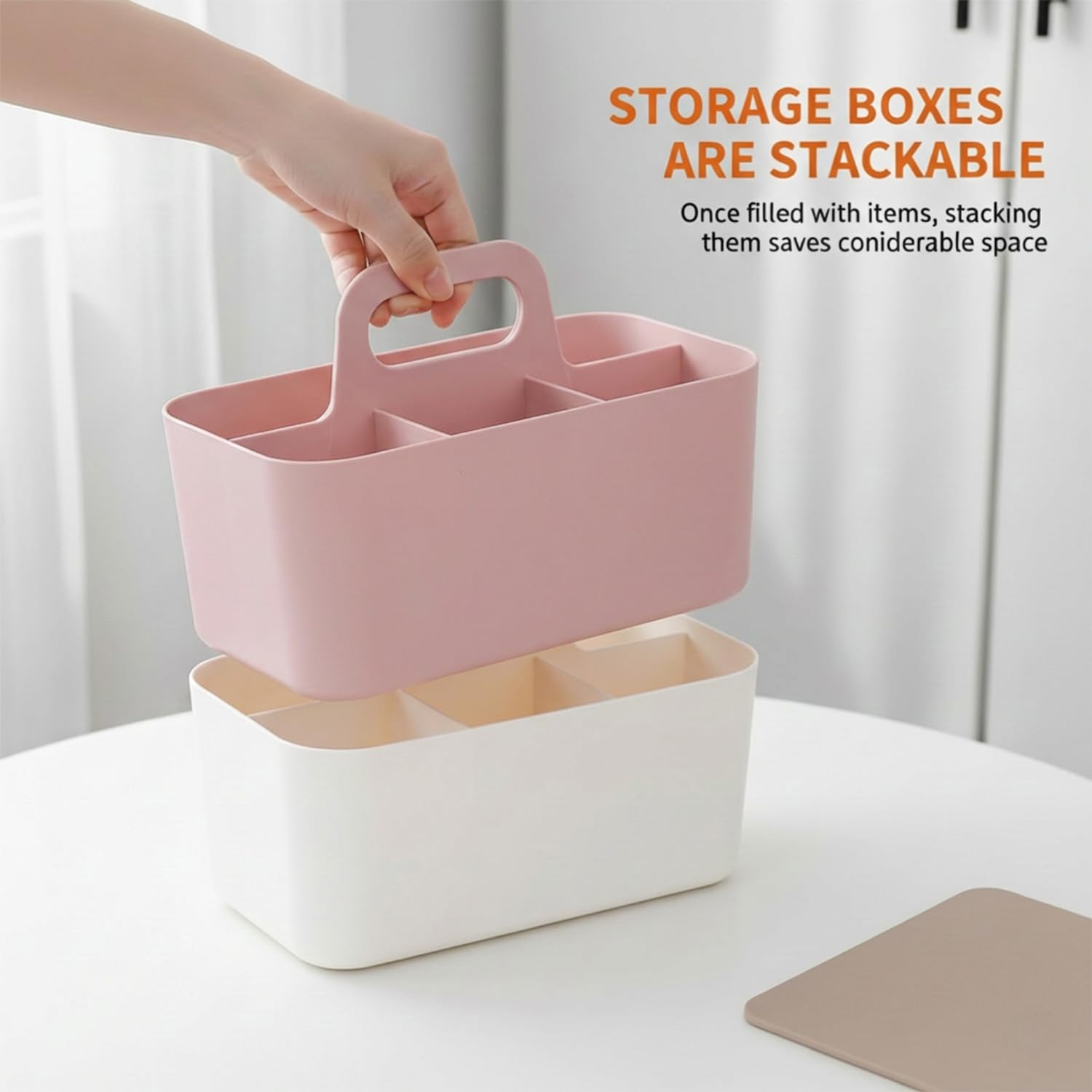 Stapelbarer Aufbewahrungskorb mit Griff - Organizer für Putzmittel mit 5 Fächern, Küche, Bad, Schminktisch & Bastelzubehör, Ablagefächer für Makeup, Nähutensilien (Rosa 24.5x15.5x17.5 cm)