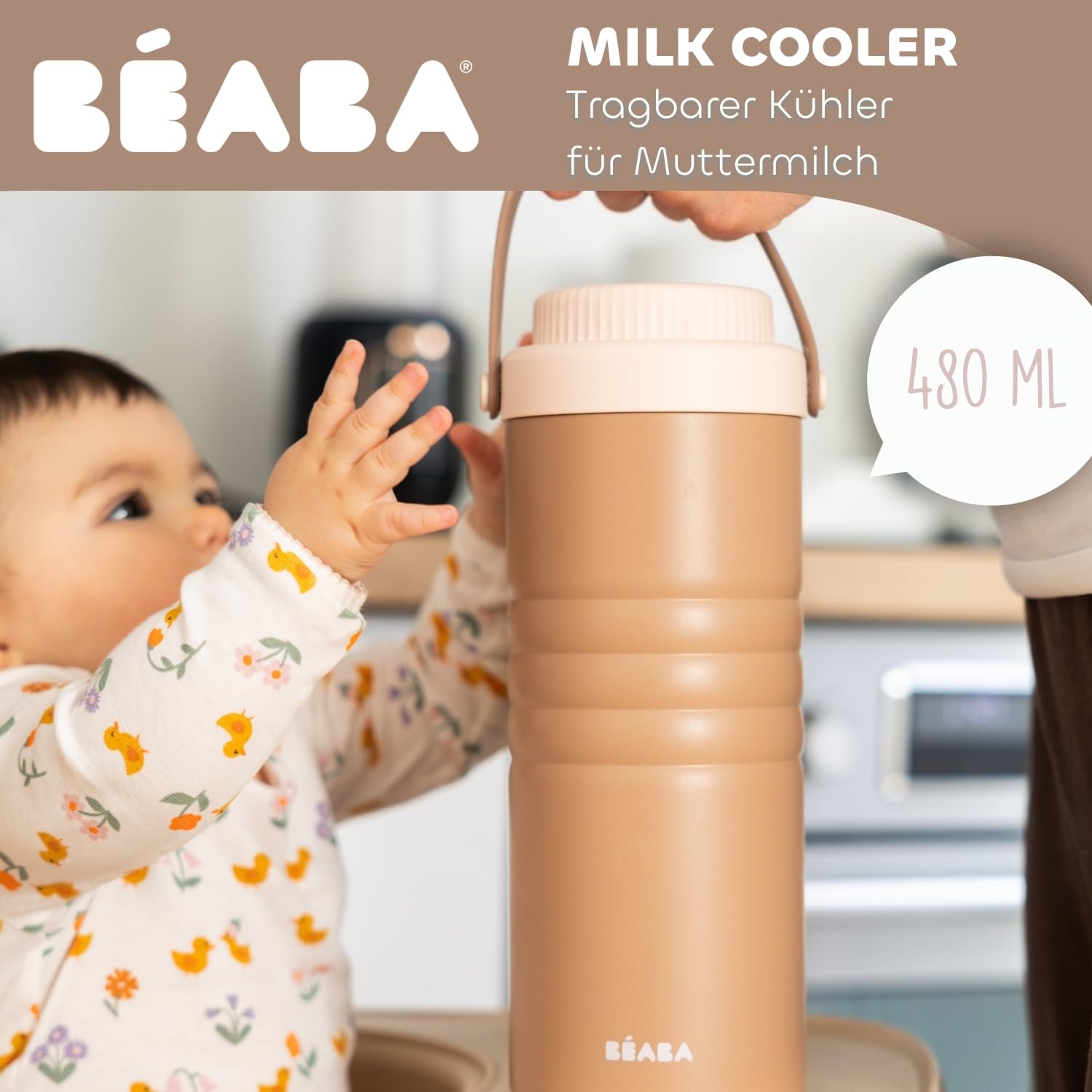 BÉABA, Mobiler Muttermilch-Kühler, bis zu 24h Kühlung ohne Strom, Edelstahl-Thermobehälter, 360° Kühlröhren, Transport & Lagerung, 480 ml, Milk Cooler, Pralin