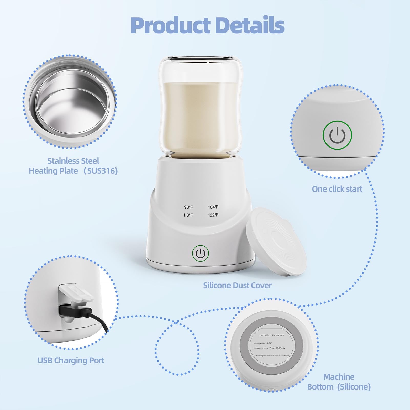 YWBL-WH Scaldabiberon Portatile, Scaldalatte Riscaldato Tramite USB per Latte Artificiale, Batteria da 4500 MAh per Alimentazione Notturna e Viaggi
