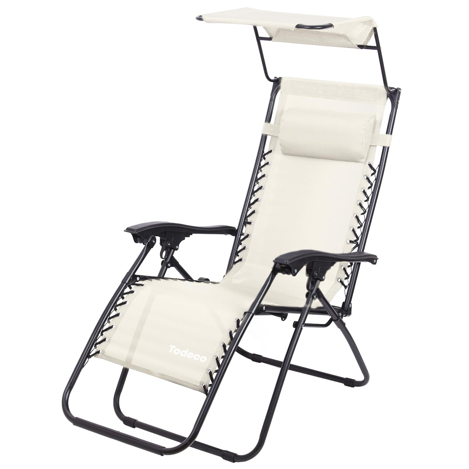 Todeco Chaise Longue Transat Jardin Plein Air, Transat de Plage Pliable avec Pare Soleil, Bain de Soleil avec Repose-​tête, d'accoudoirs Réglables, Camping en Respirantes Textilène, Beige Clair