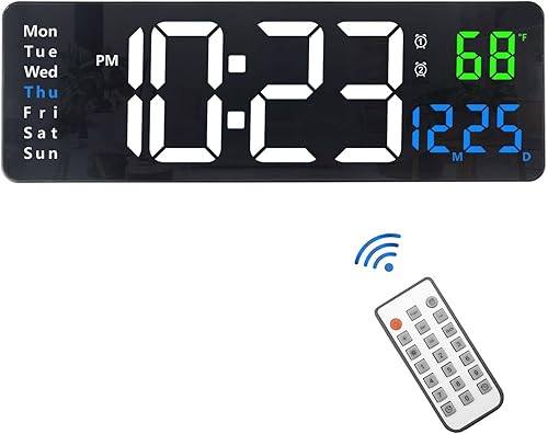 Plumeet Reloj de pared digital, reloj de pared LED grande de 16 pulgadas con control remoto, dígitos grandes, atenuación automática, 2 alarmas,