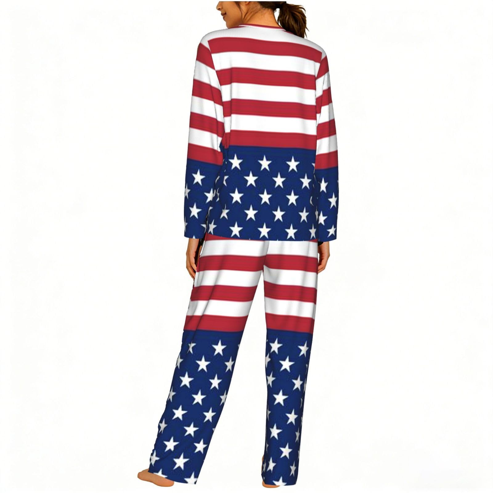 Bandiera americana stelle strisce stampa donna manica lunga pigiama coordinato morbido elastico coulisse casual daywear