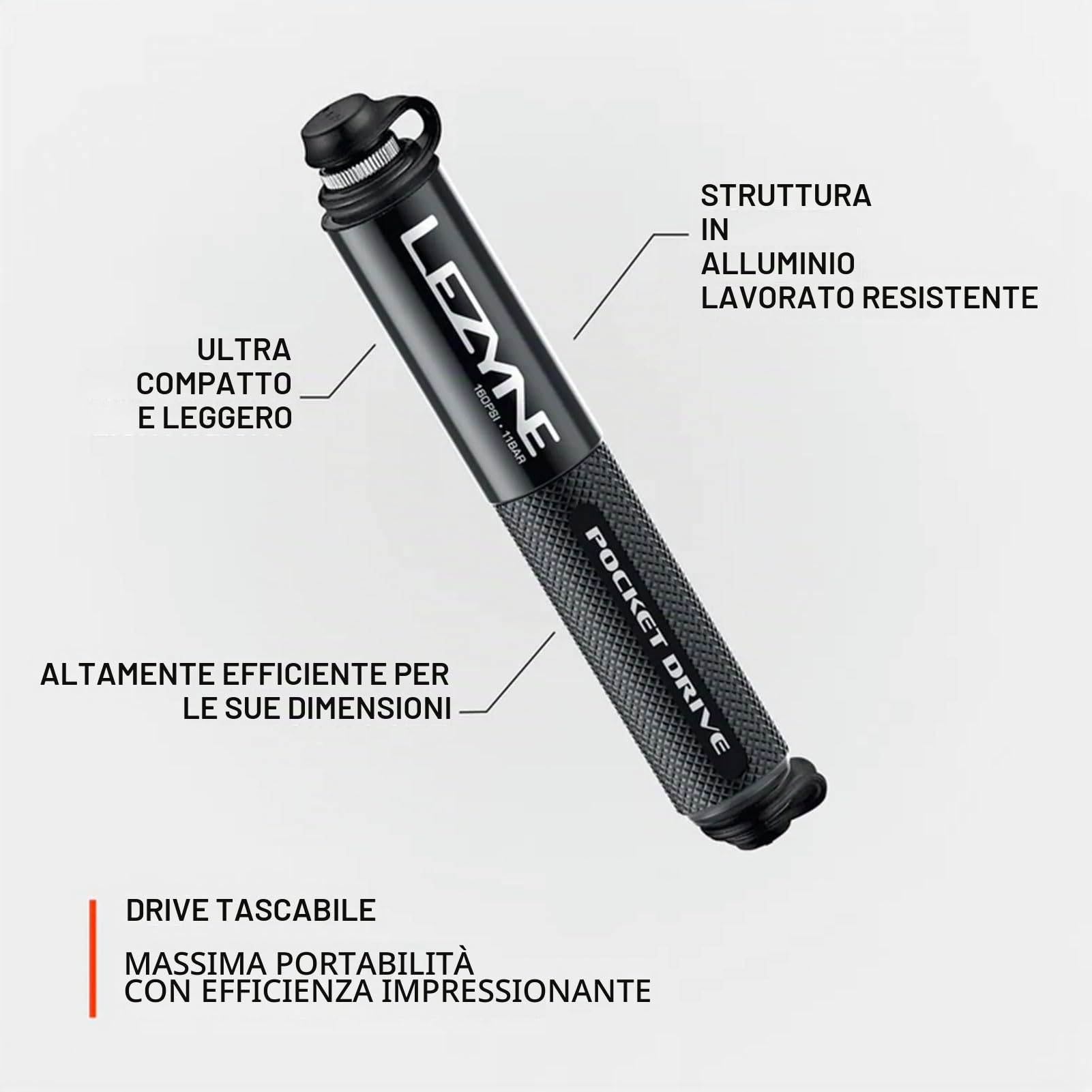 LEZYNE Pompa manuale per bicicletta HP Pocket Drive 160 PSI, alluminio CNC, Presta e Schrader