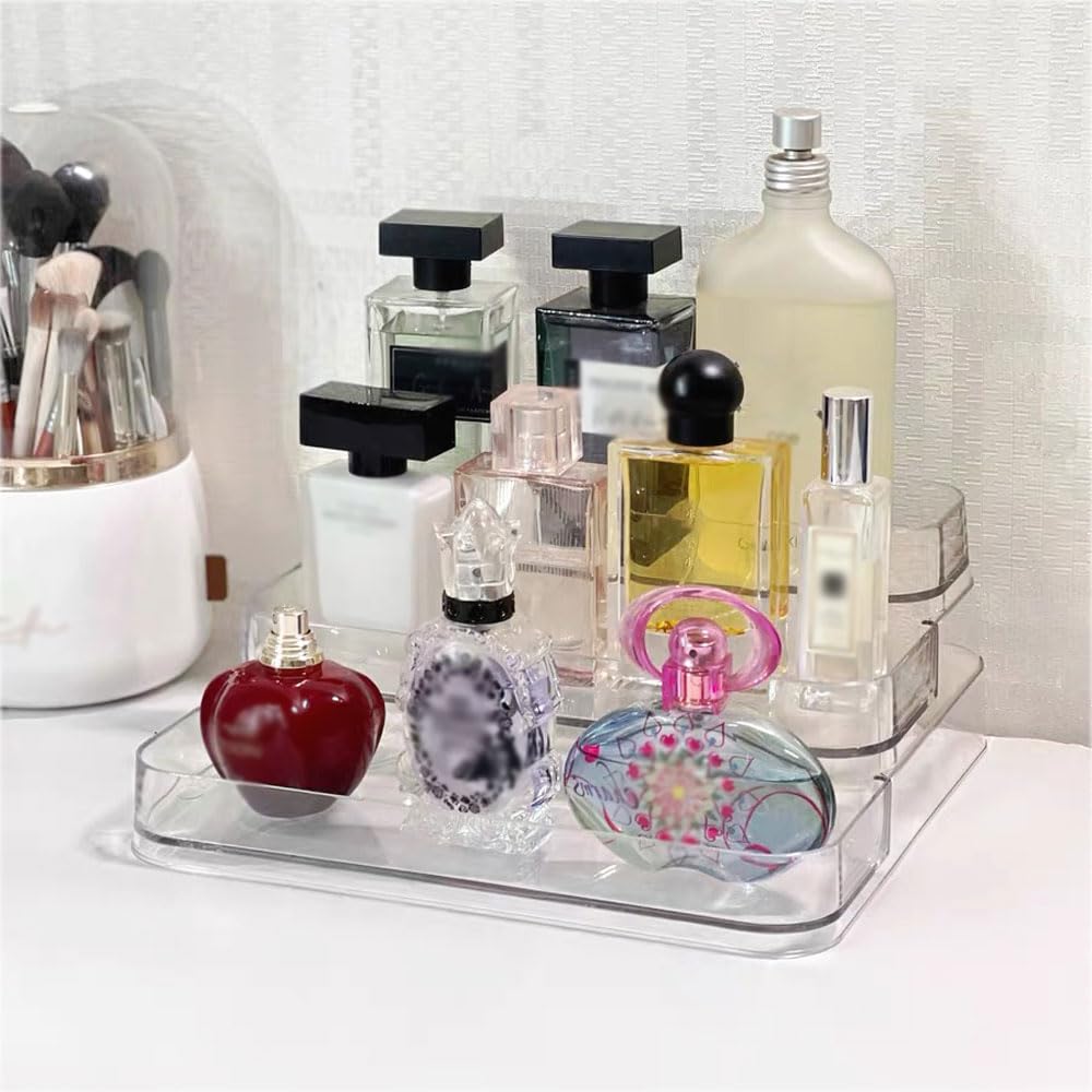 Organizer in acrilico a 3 ripiani, espositore con divisori, portaoggetti per profumi per casa, ufficio e negozi: figurine Funko, giocattoli, cupcake, prodotti alimentari, profumi e cosmetici