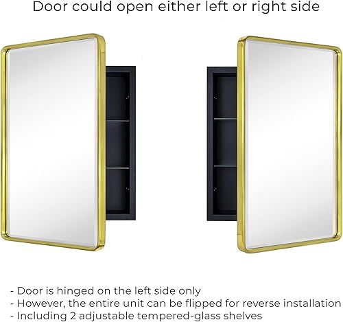 Miniatura 8 de TEHOME Gabinete de medicina de baño empotrable con marco de metal dorado cepillado con espejo redondeado rectangular, inclinable, biselado para