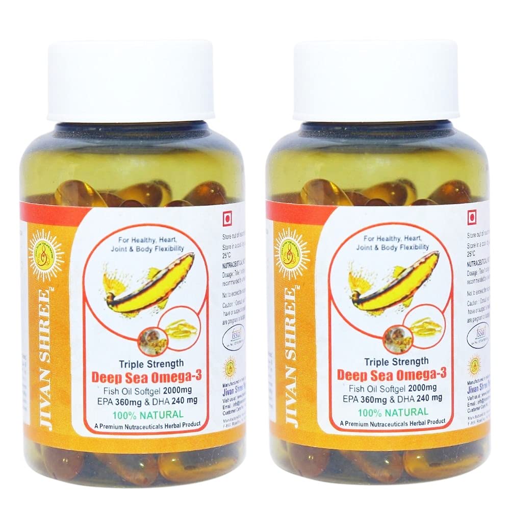 Jivan Shree Deep Sea Fish Omega Triple strength Omega 3 2000mg | Fatty acid Fish Oil | EPA 360 mg | DHA 240mg | brain HeartCare | Cholestrol | Skin and Eyes & Joints 120 Softgels capsules