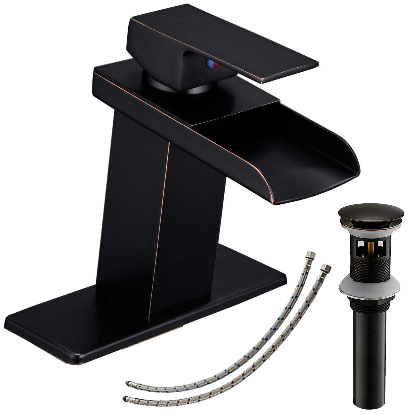 Bathlavish Oil Rubbed Bronze Bathroom Faucet Waterfall for Sink 1 Hole with Pop Up Drain Assembly with Overflow 1 Handle Antique Vanity Basin Lavatory Mixer Tap Supply Line Lead-Free