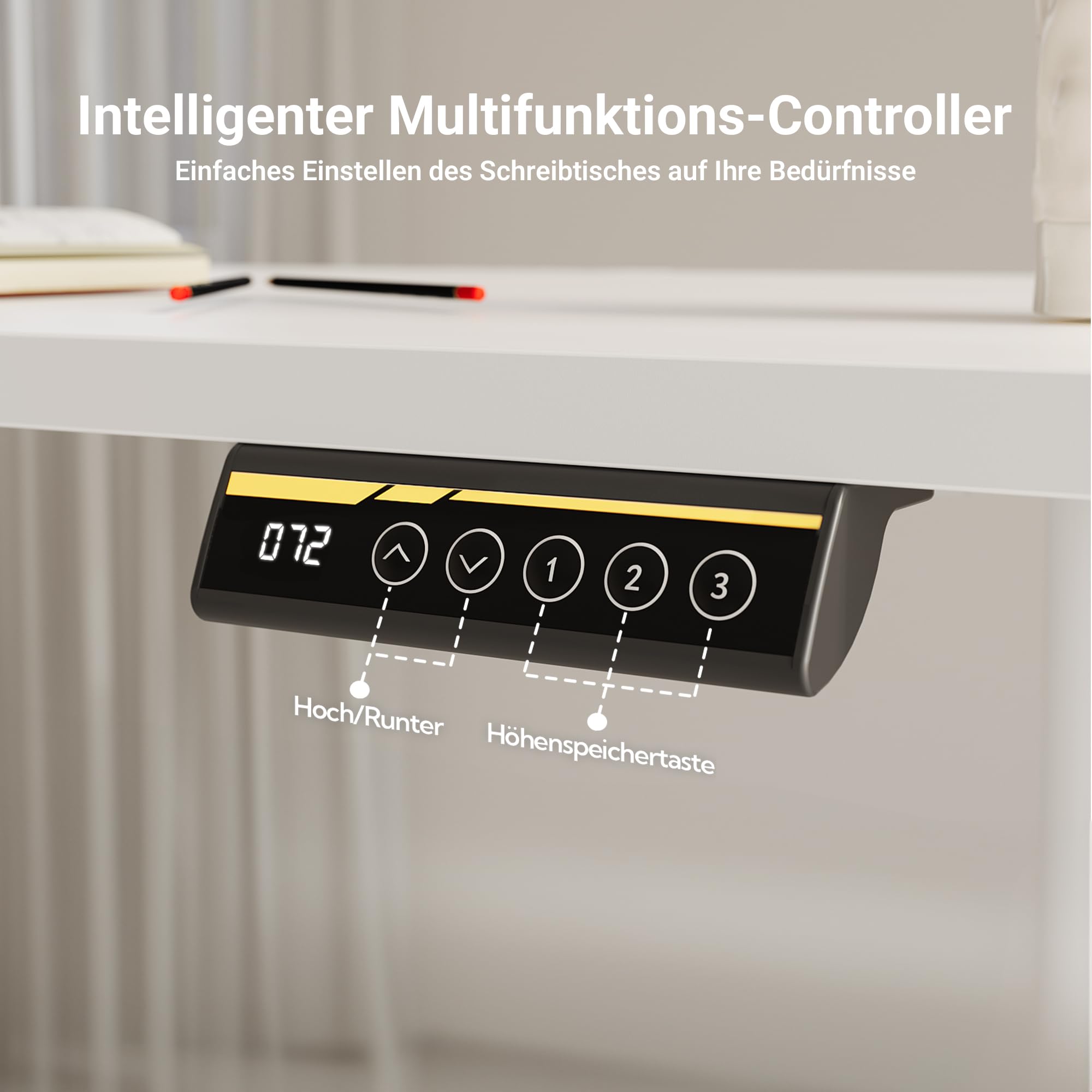 Claiks Höhenverstellbarer Schreibtisch 160 x 80 cm (FSC®), 80KG Tragkraft Schreibtisch Höhenverstellbar mit 2 Haken und 3 Memory-Funktion, Standing Desk mit Leiser Motor für Home Office, Weiß
