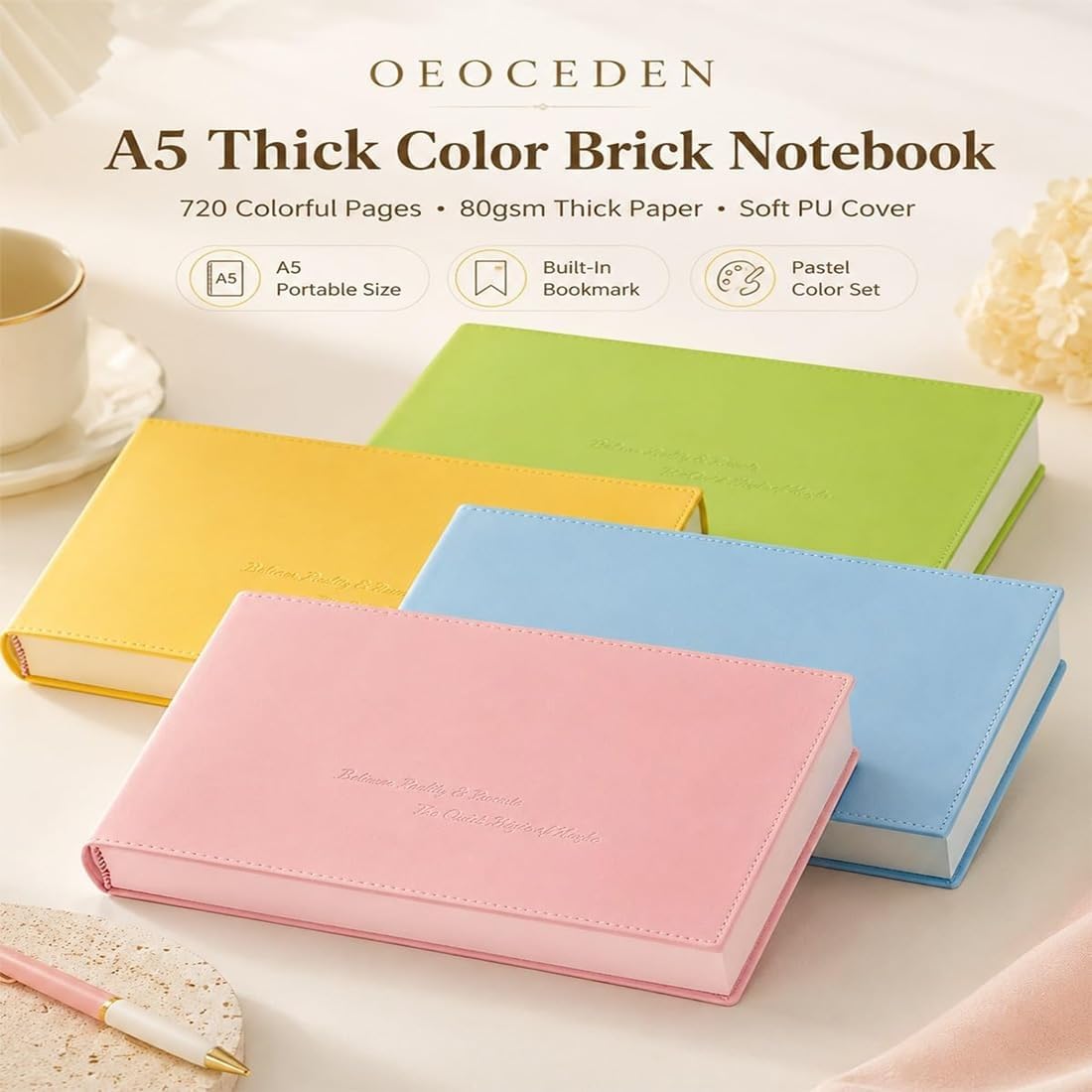 Quaderno Color Brick Addensato A5 720 Pagine, Journal Rigido Copertina in PU Pelle, Quaderno Carta Spessa Colorata per Appunti, Scuola Ufficio Studio Viaggi Regalo (blue)
