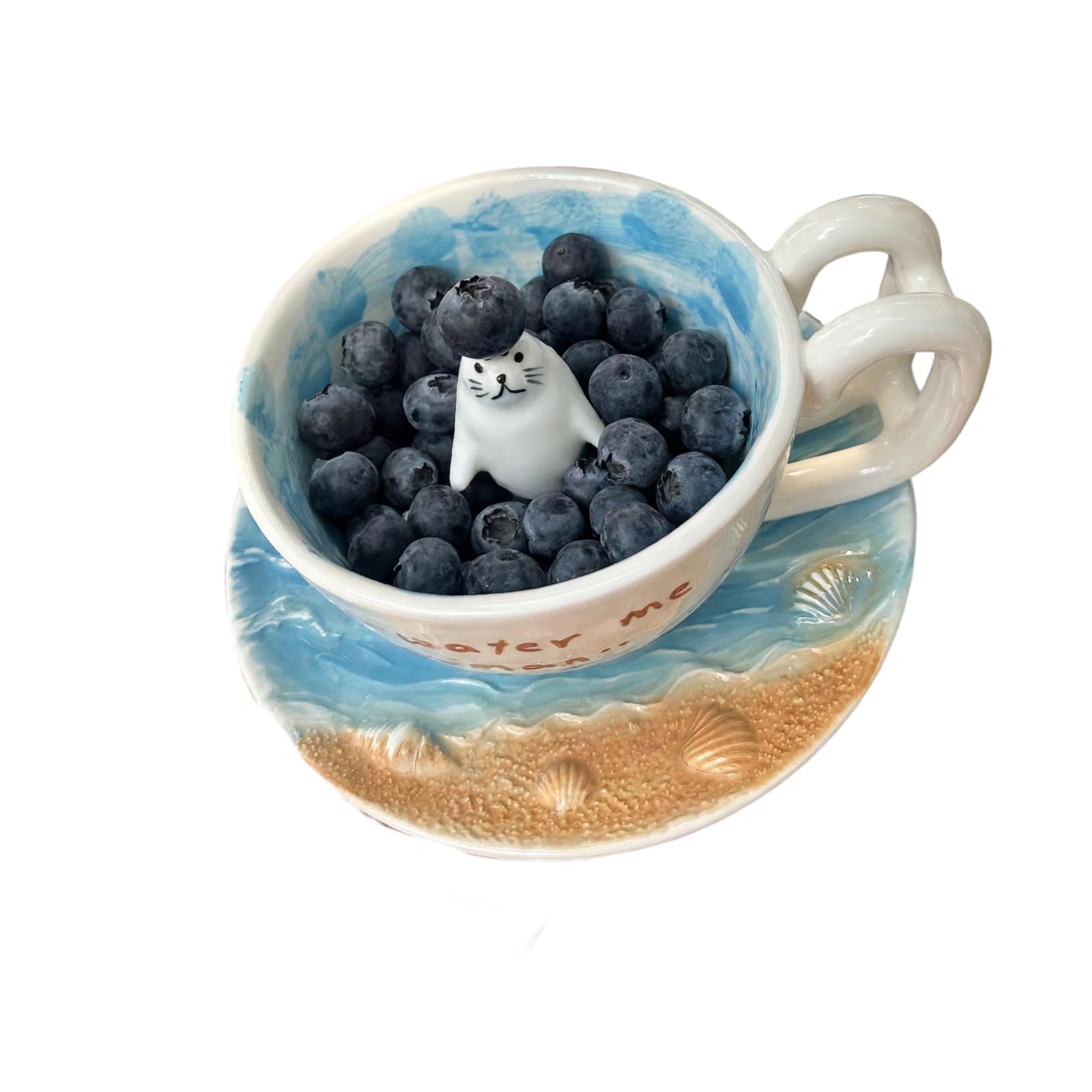 Elnwnnkc A Coastal Ceramic Mug Nd Saucer Set, Nimal Figurine Coffee Cup With Blue Interior For Home Nd Desk Breaks Daily Coastal Drinkware Desk Cup Set Te Saucer Mug Nimal Ccent Blue Glaze Ceramic Novelty