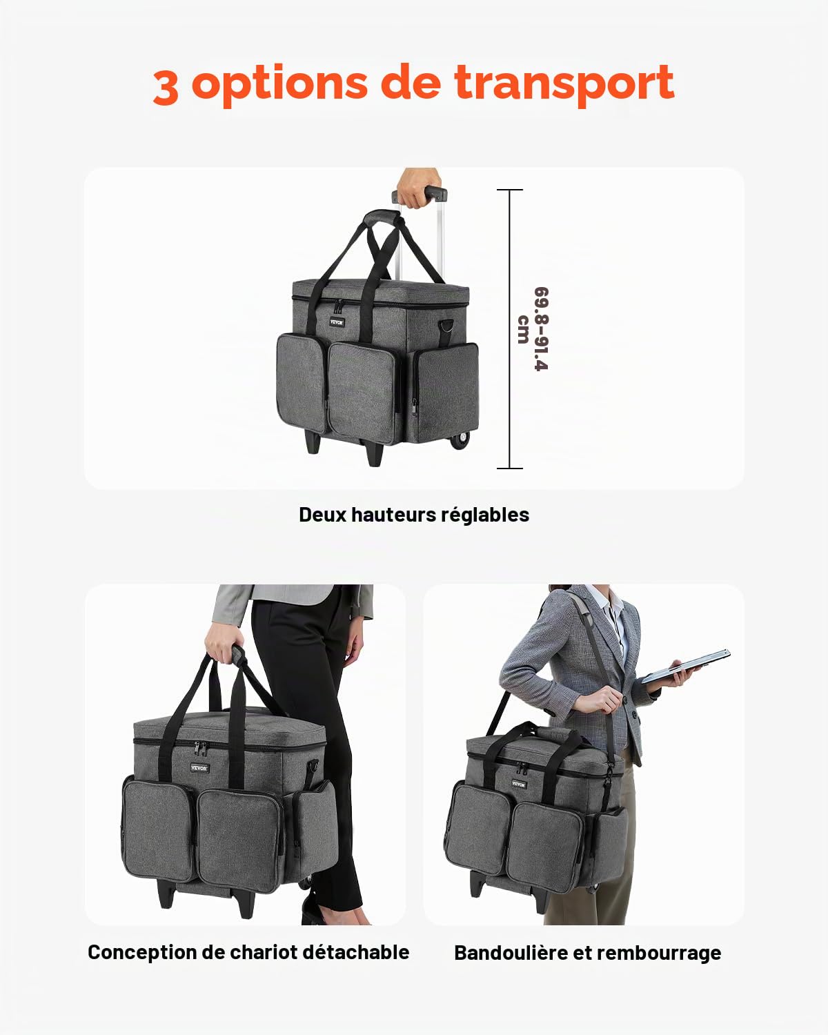 VEVOR Sac à roulettes pour Ordinateur Portable Jusqu'à 15,6 Pouces, Mallette à roulettes de PC avec Chariot Amovible, Poignée Télescopique, Tissu Mat 600D, pour Travail, Voyages, Femmes, Hommes, Gris