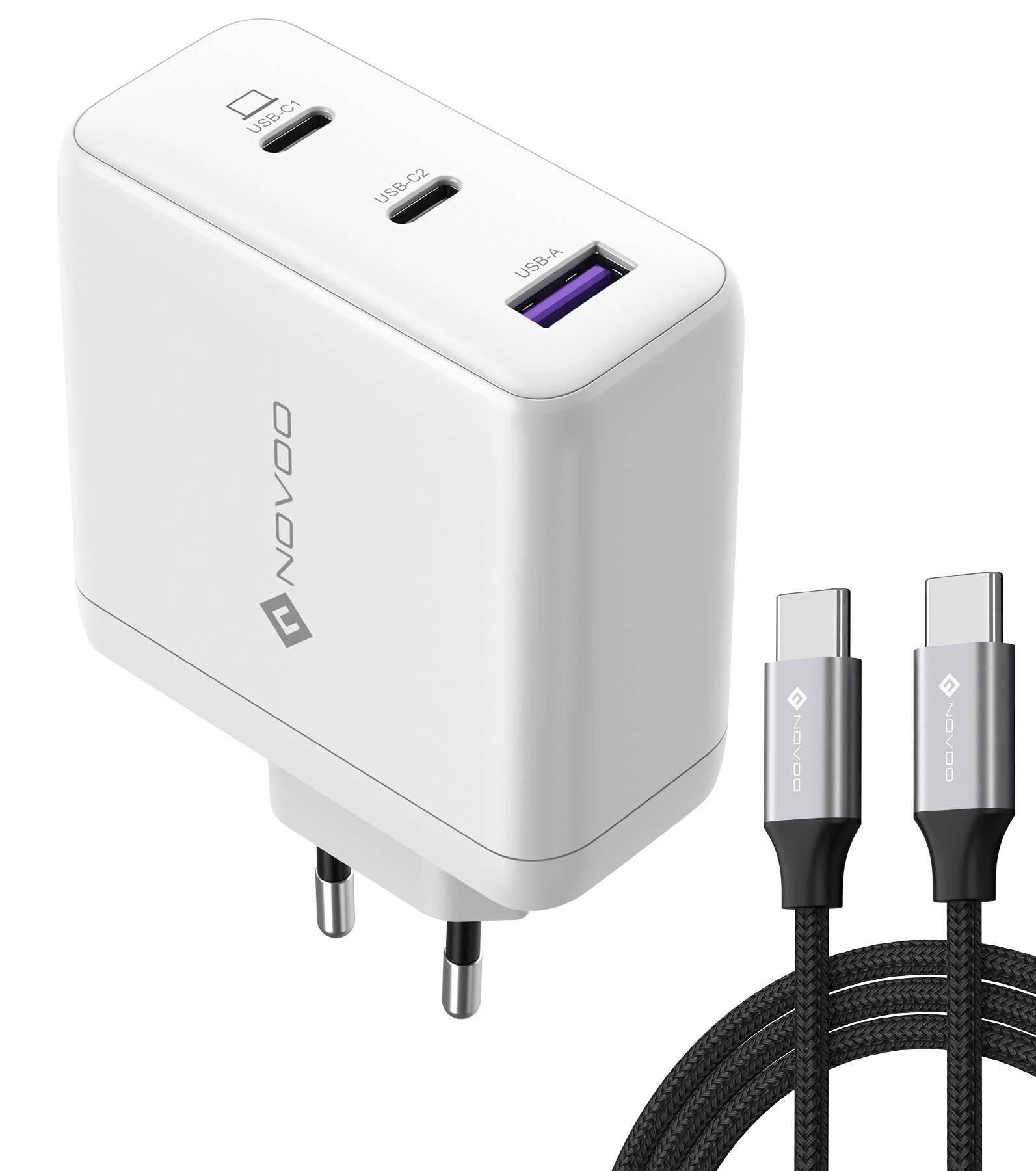 NOVOO 120W USB C Ladegerät GaN 3-Port Schnellladegerät mit 100W USB C Kabel PD Mehrfach Netzteil für MacBook Pro, iPhone 16 Pro Max, 16, PPS, Samsung Galaxy S25 S24 Ultra