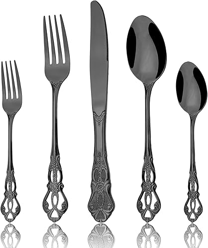 Miniatura 8 de JANKNG 20 piezas de lujo retro hueco mango cubiertos espejo vajilla, acero inoxidable 180, cubiertos vintage incluye cuchillo tenedor, servicio para