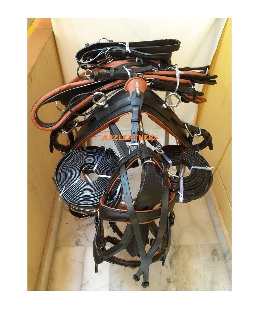 SHOWMEN CRAFT Designer Black And Tan Color Leather Driving harness for single horse cart In 4 Size (Shetland)