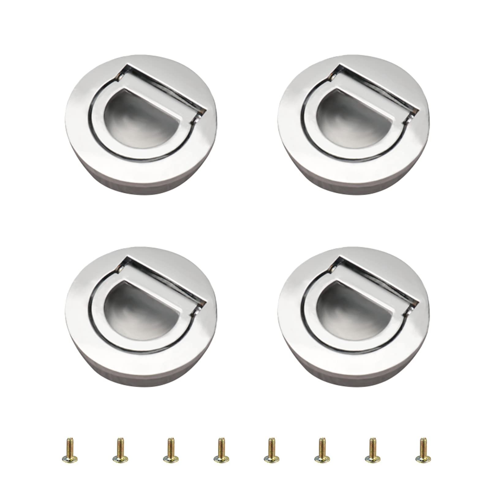 Morobor Bright Silver Round With Pull Ring Embedded Handle, 4Pcs Tatami Hidden Handles Invisible Cabinet Door Furniture Hardware With Screws For Cabinet Wardrobe Drawer(Bright Silver)